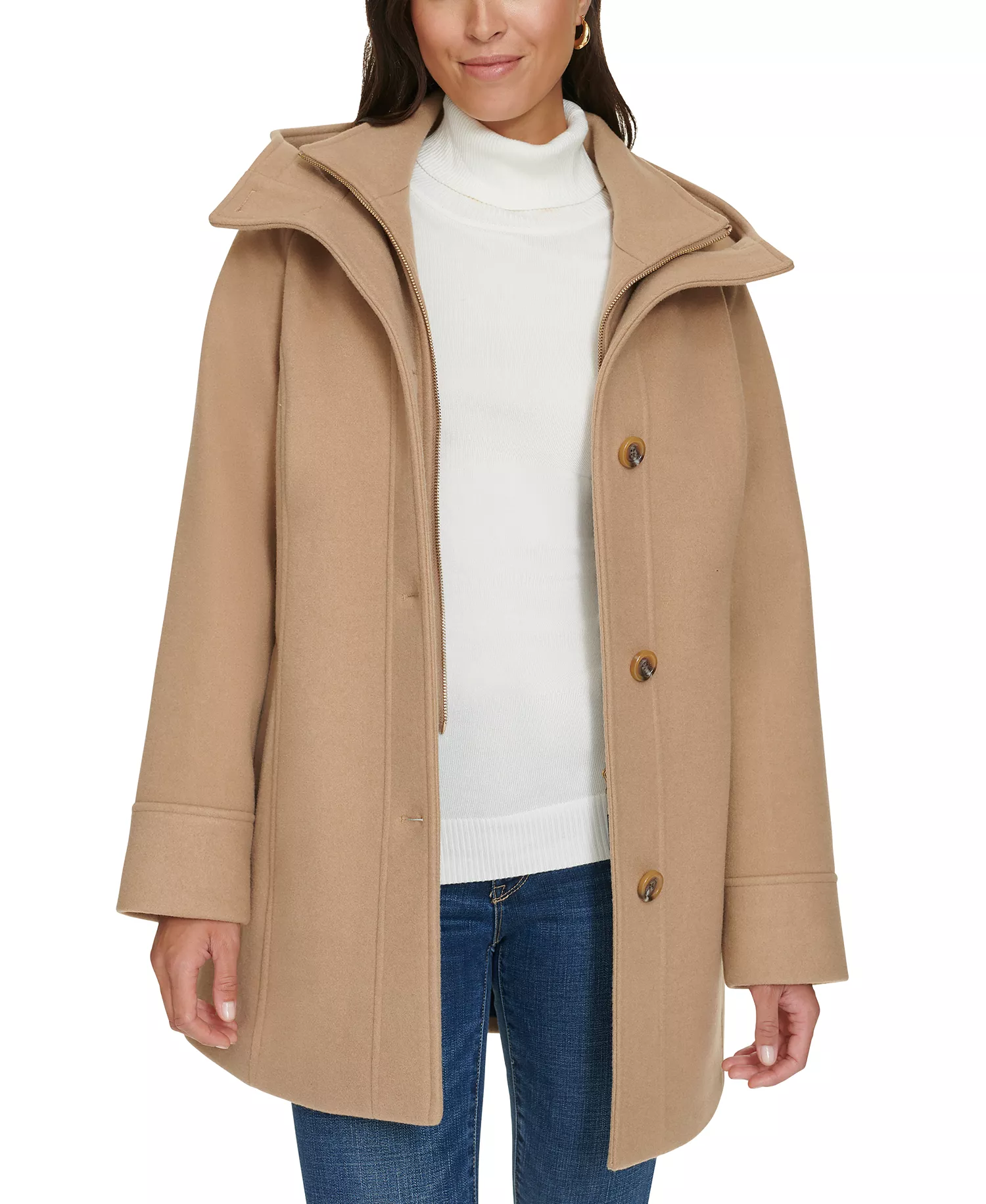 Women's Hooded Button-Front Coat, Created for Macy's - Camel - XS
