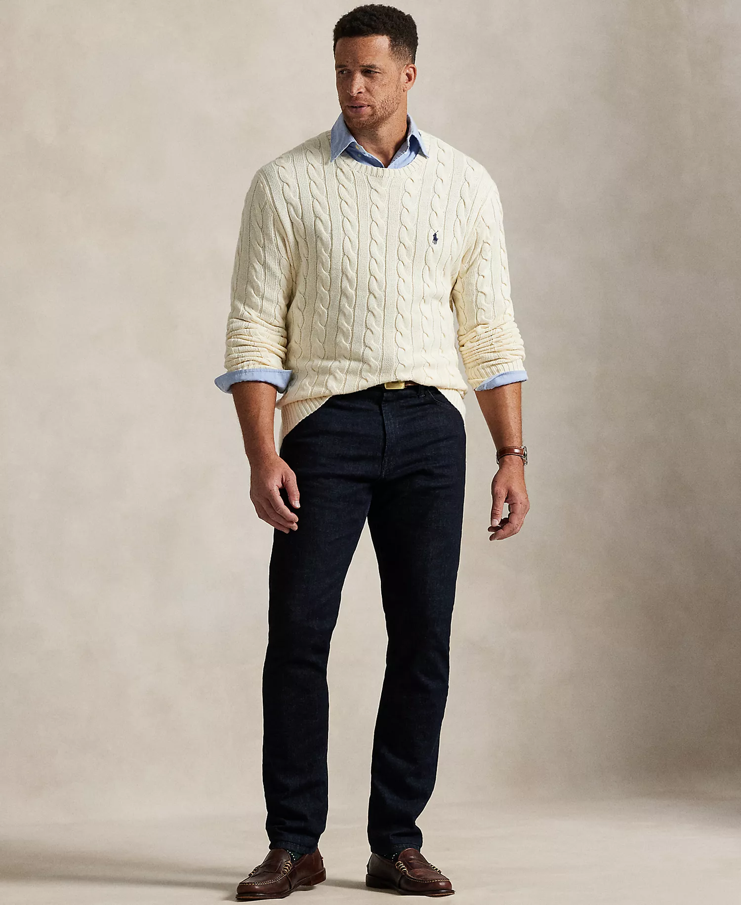 Men's Big & Tall Cable-Knit Cotton Sweater - Andover Cream - 2LT