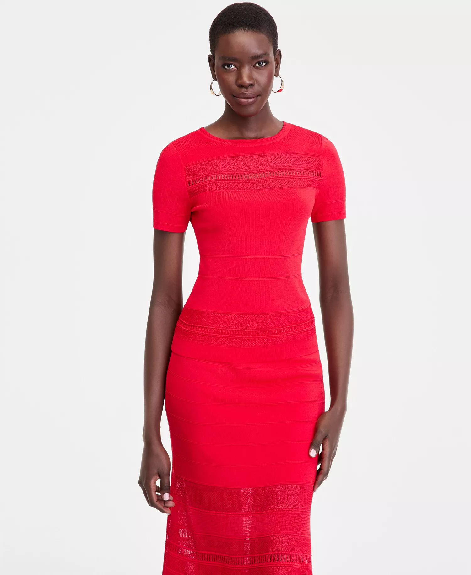 Women's Short Sleeve Pointelle Stripe Sweater - Cherry Flame - L