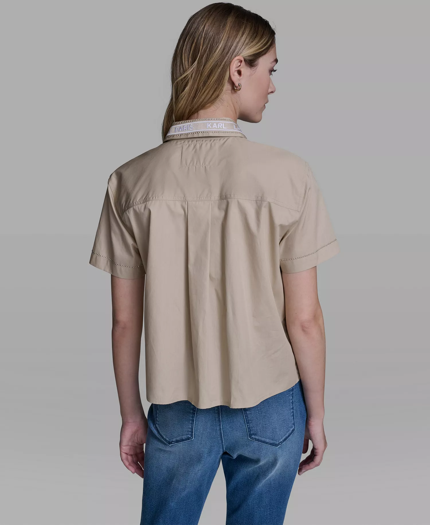 Women's Short-Sleeve KLP Embroidered-Collar Top - French Beige - L