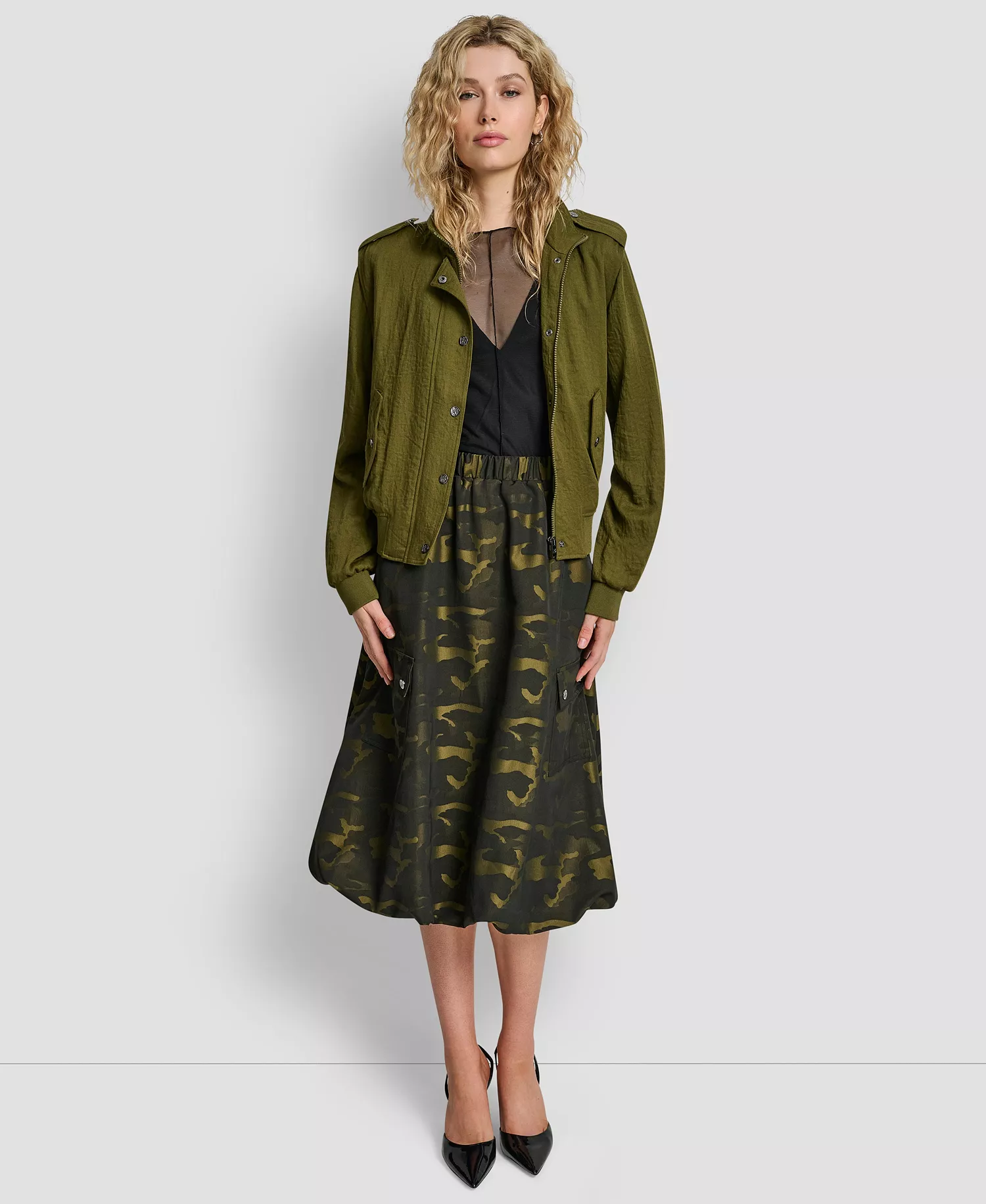 Women's Collared Button-Front Heavy Twill Bomber Jacket - Dark Olive - XS