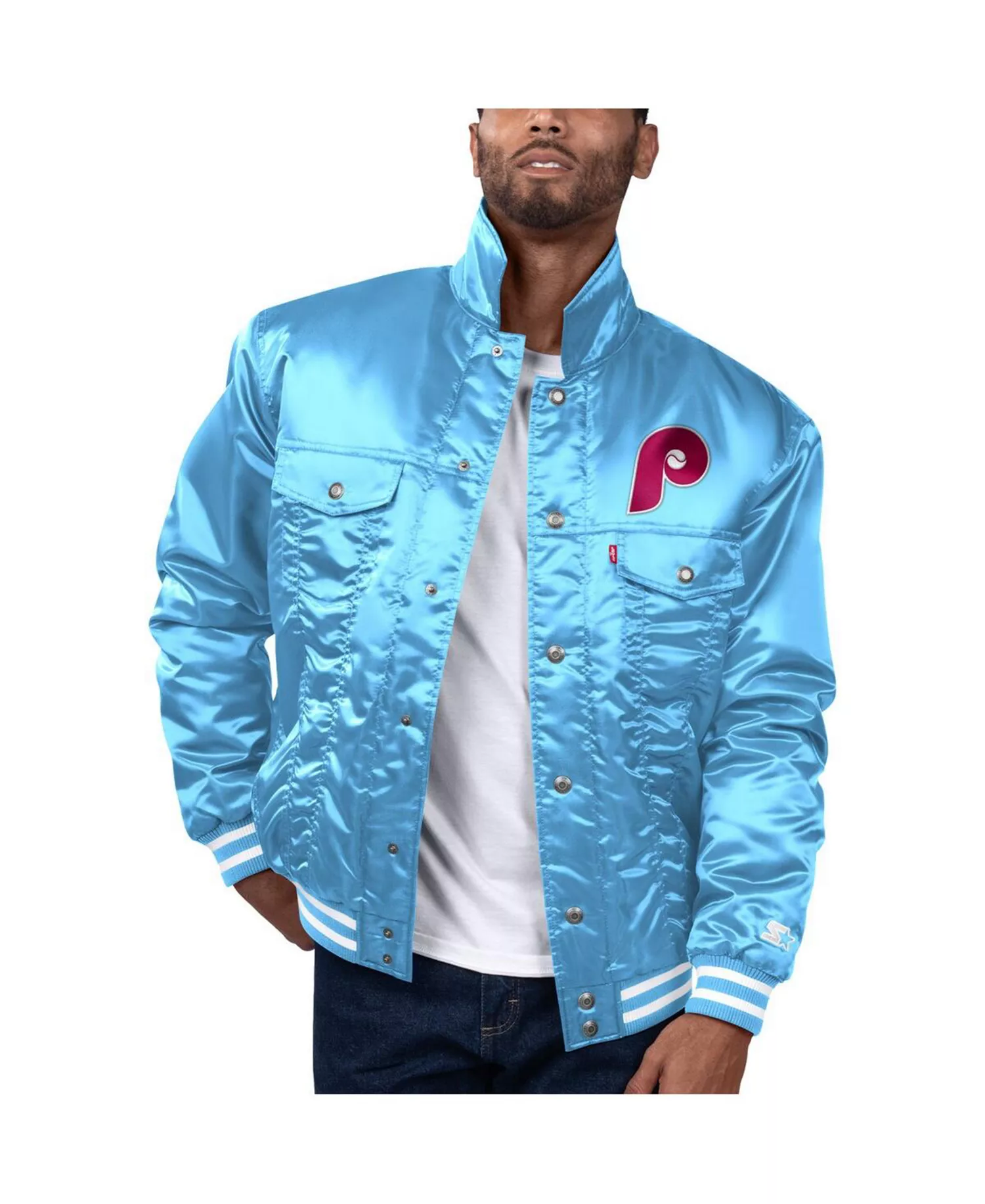 Levi’s x Starter Men's Light Blue Philadelphia Phillies Silver Tab Satin Full-Snap Trucker Jacket - Light Blue - XL