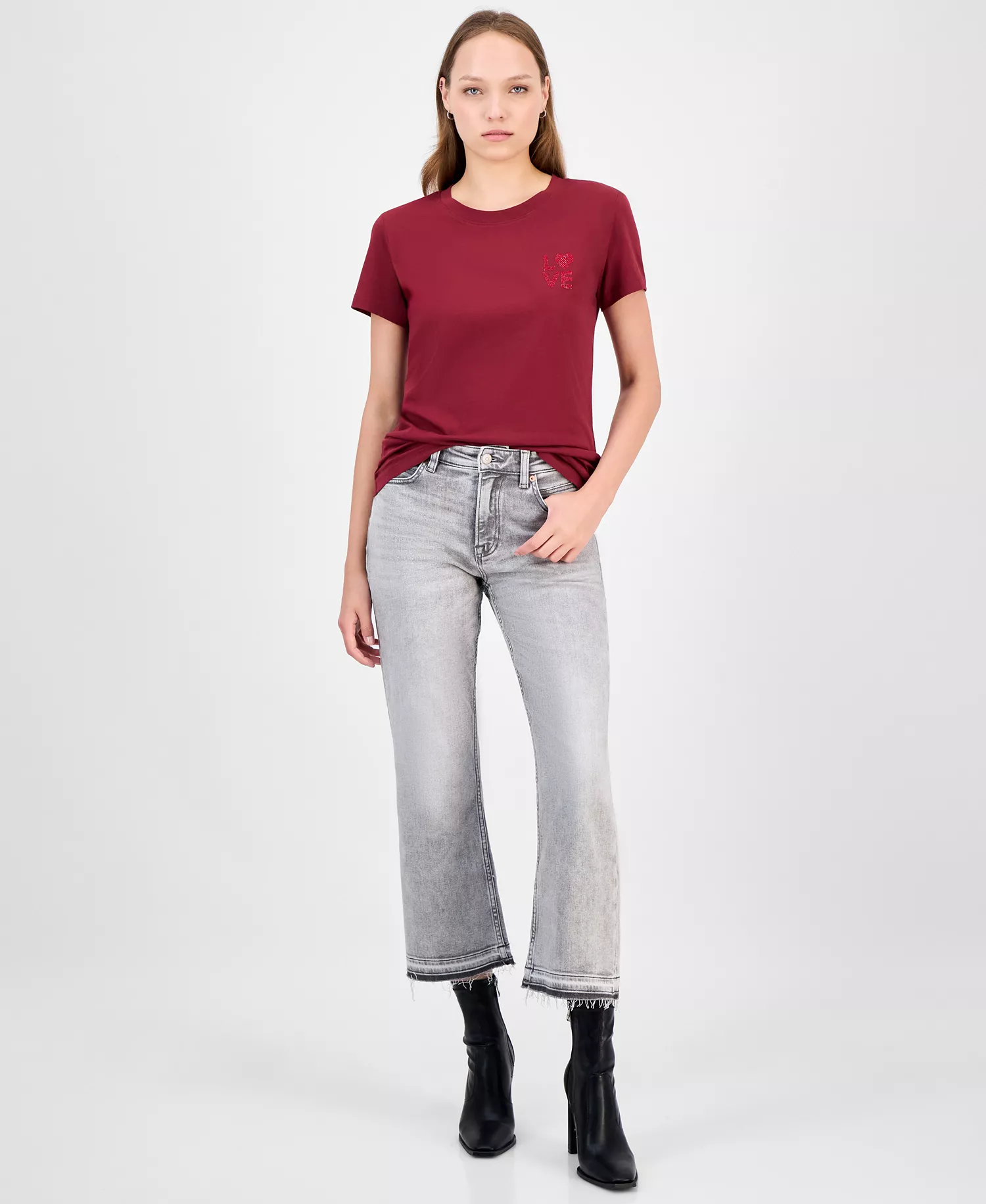 Women's Love Rhinestone T-Shirt - Dark Red - M