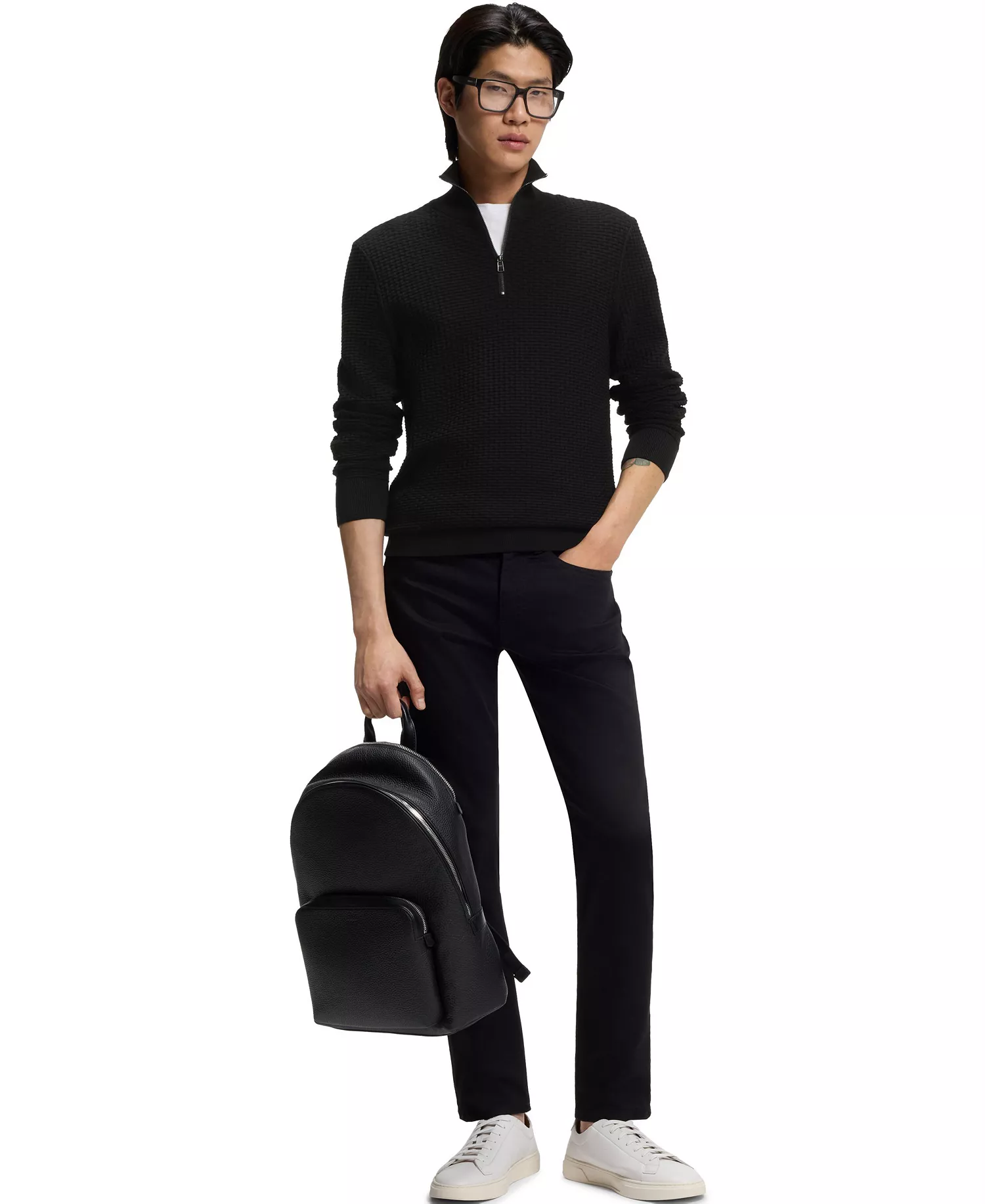 Men's Quarter Zip Cotton Sweater - Black - 2XL