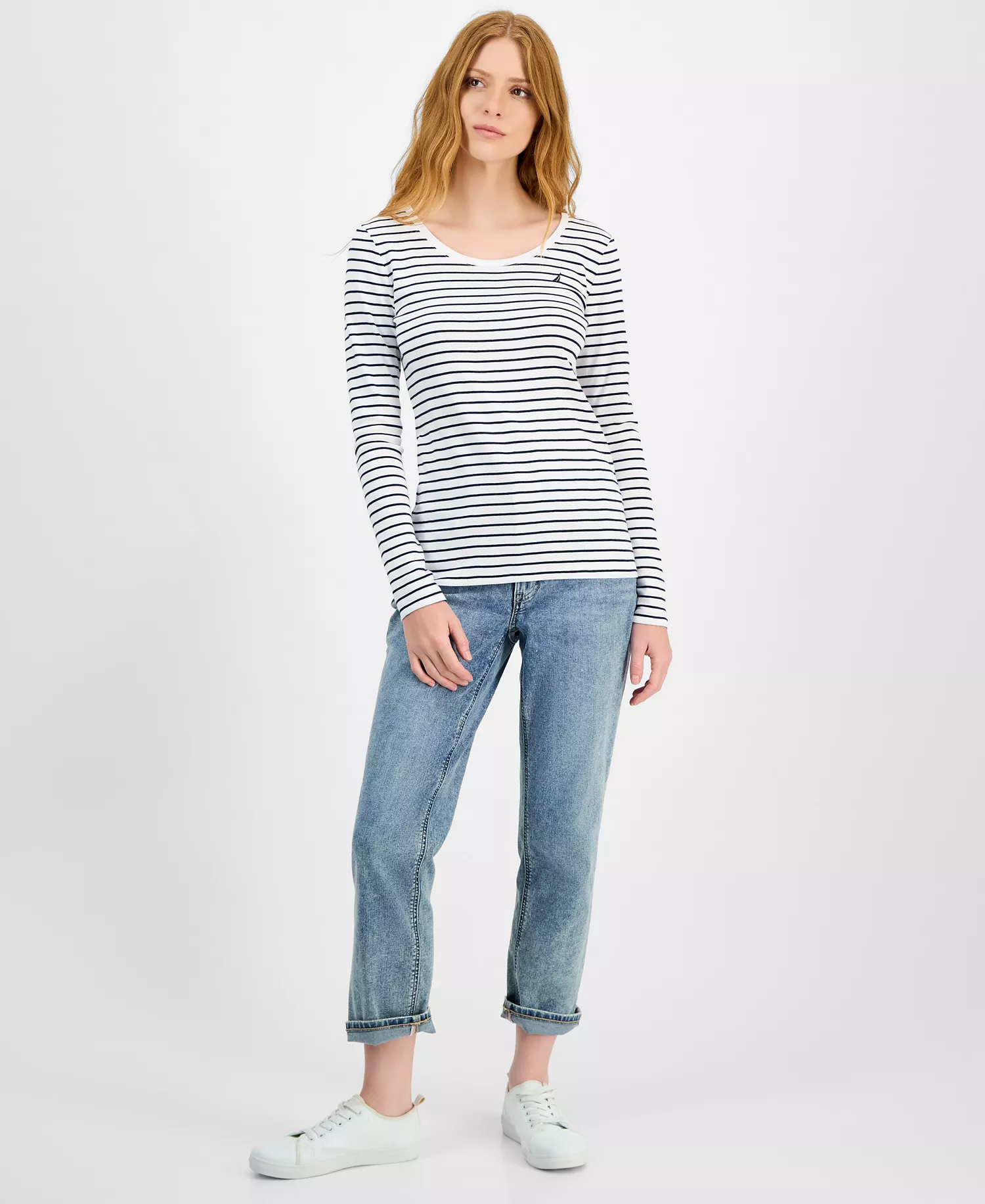 Jeans Women's Cotton Striped Scoop-Neck T-Shirt - Bright White/ Night Sky - L