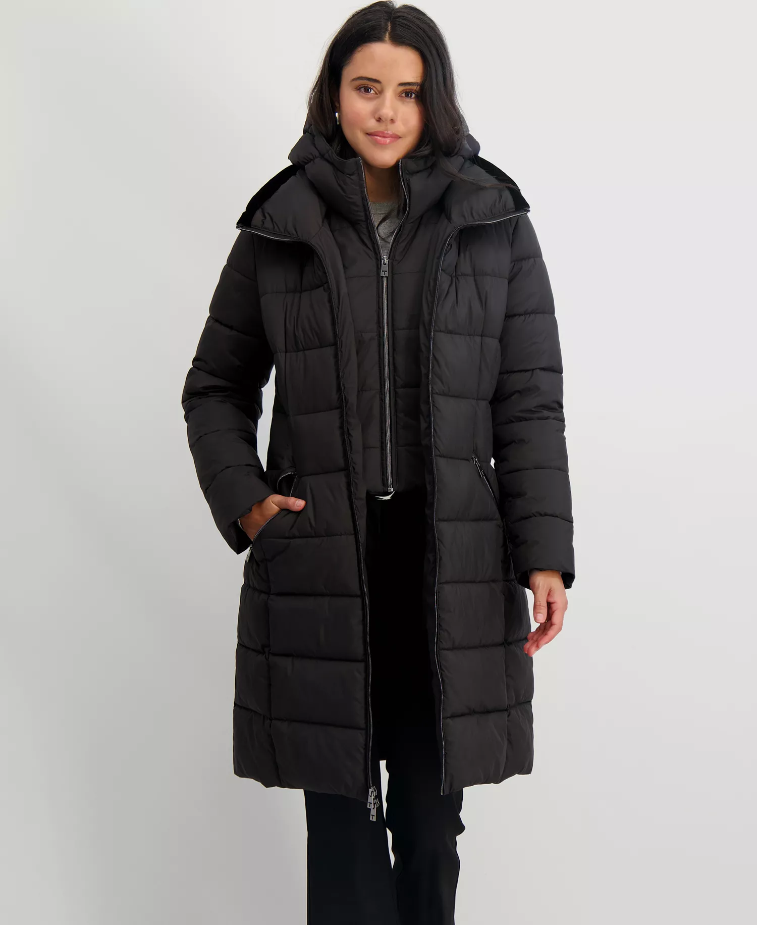 Women's Hooded Bibbed Puffer Coat - Black - L