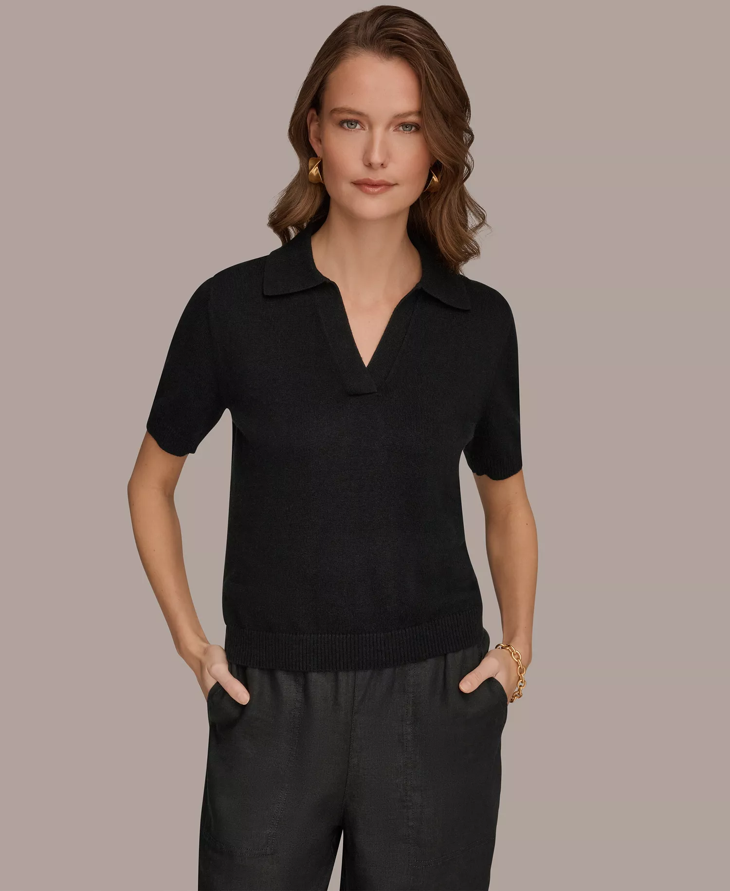 Women's Cotton Cashmere Polo Sweater with Elbow-Sleeve - Black - L