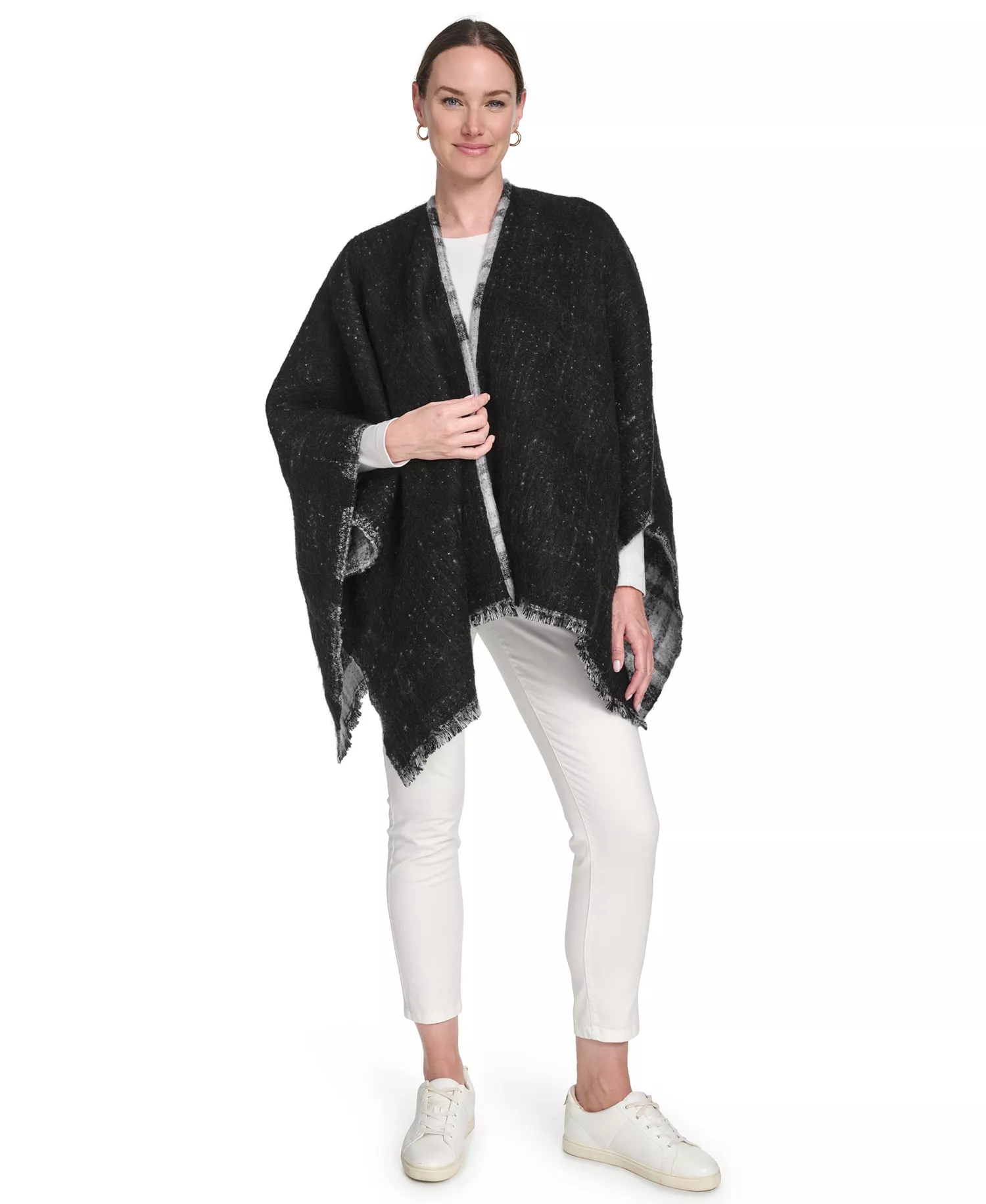 Double Face Plaid Shawl - Black - OS