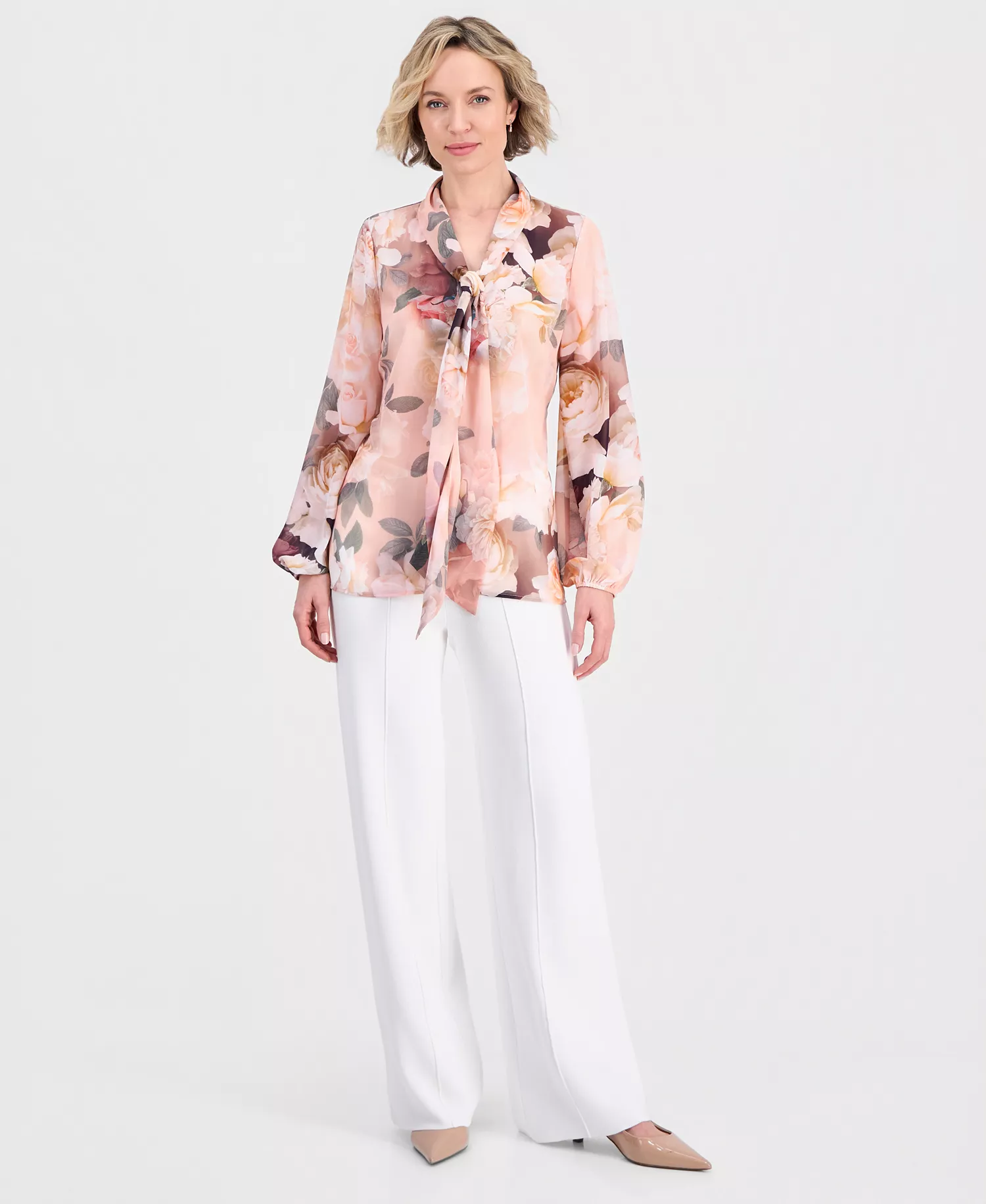 Women's Printed Chiffon Tie-Neck Blouse - Mocha Rose - L