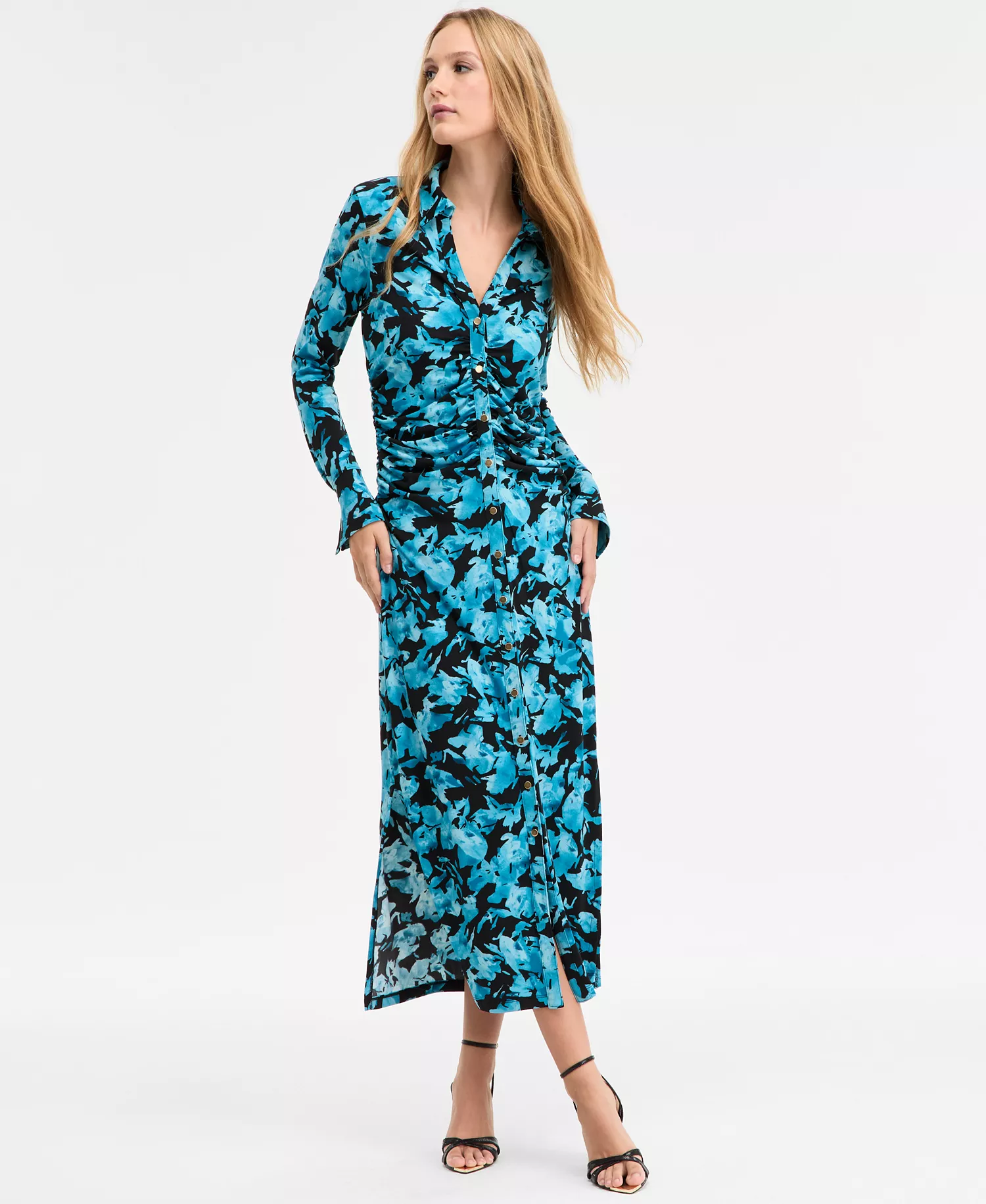 Women's Printed Long Sleeve Collared Maxi Dress, Macy's Exclusive - Painted Garden - L