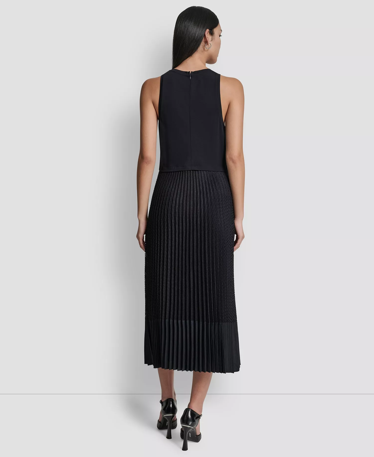 Women's Pleated Crewneck Window Pane Dress - Night - L