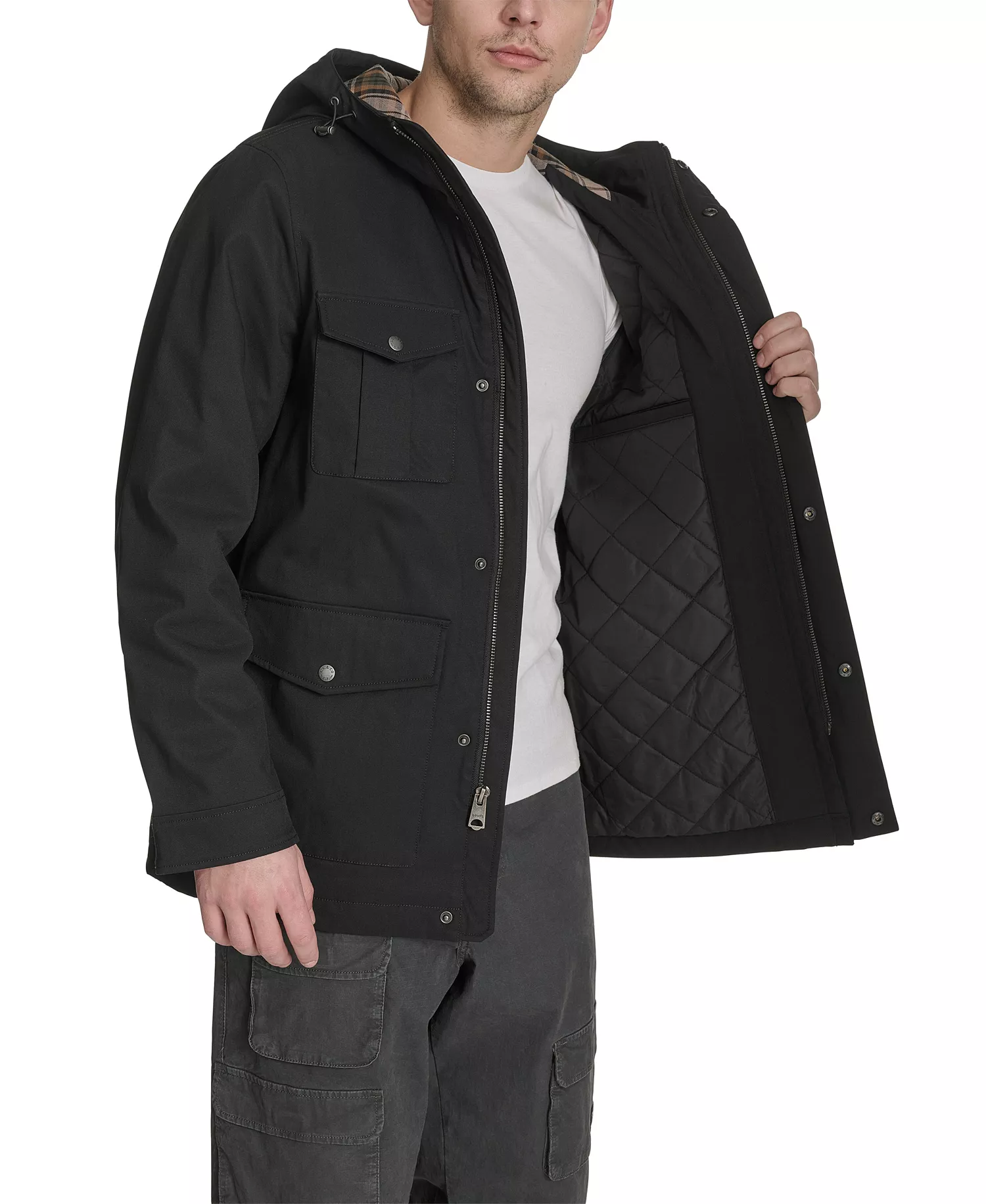Men's Field Parka with Plaid Lining Jacket - Black - 2XL