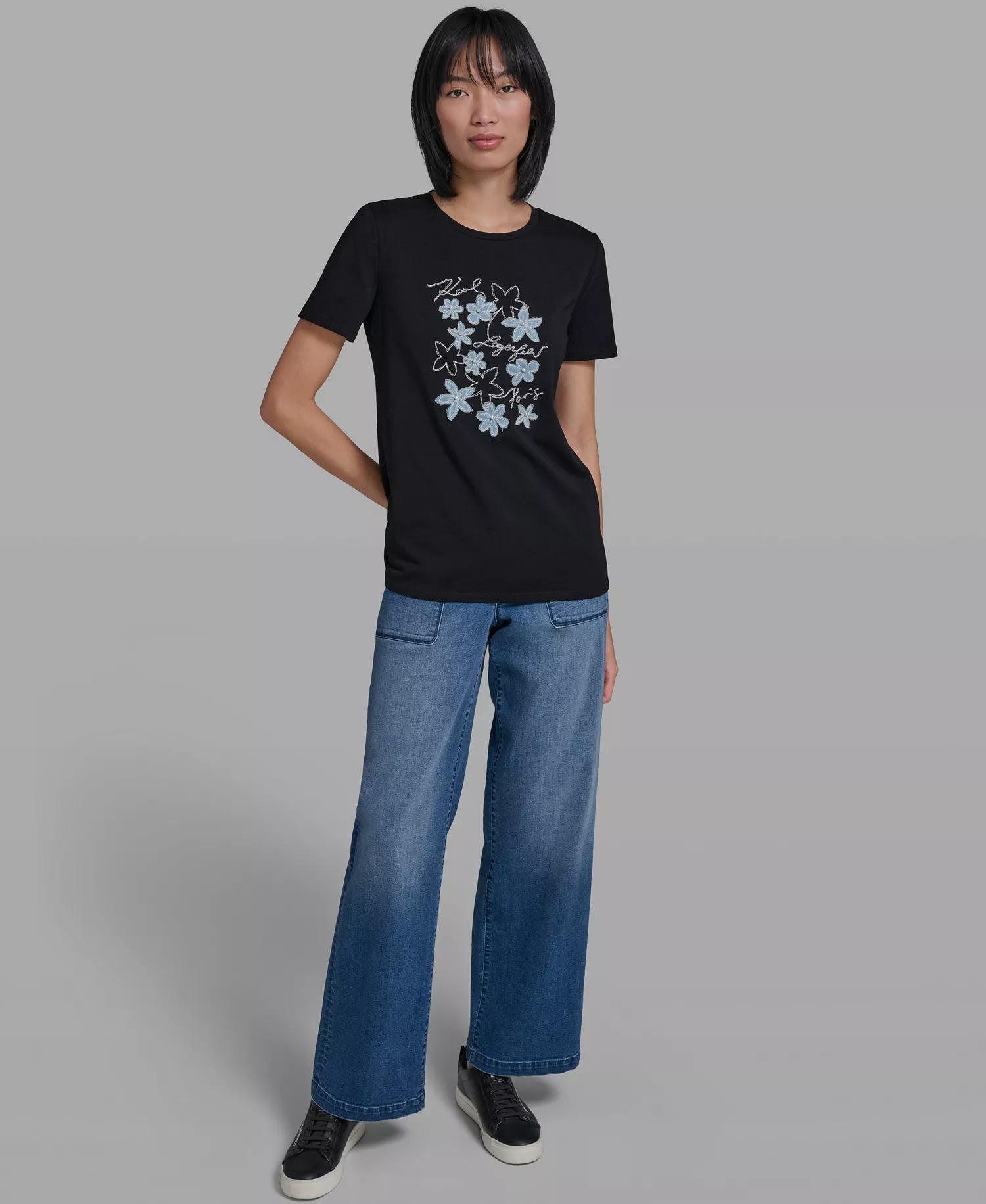 Women's Crew Neck Denim Flower T-Shirt - Black - L