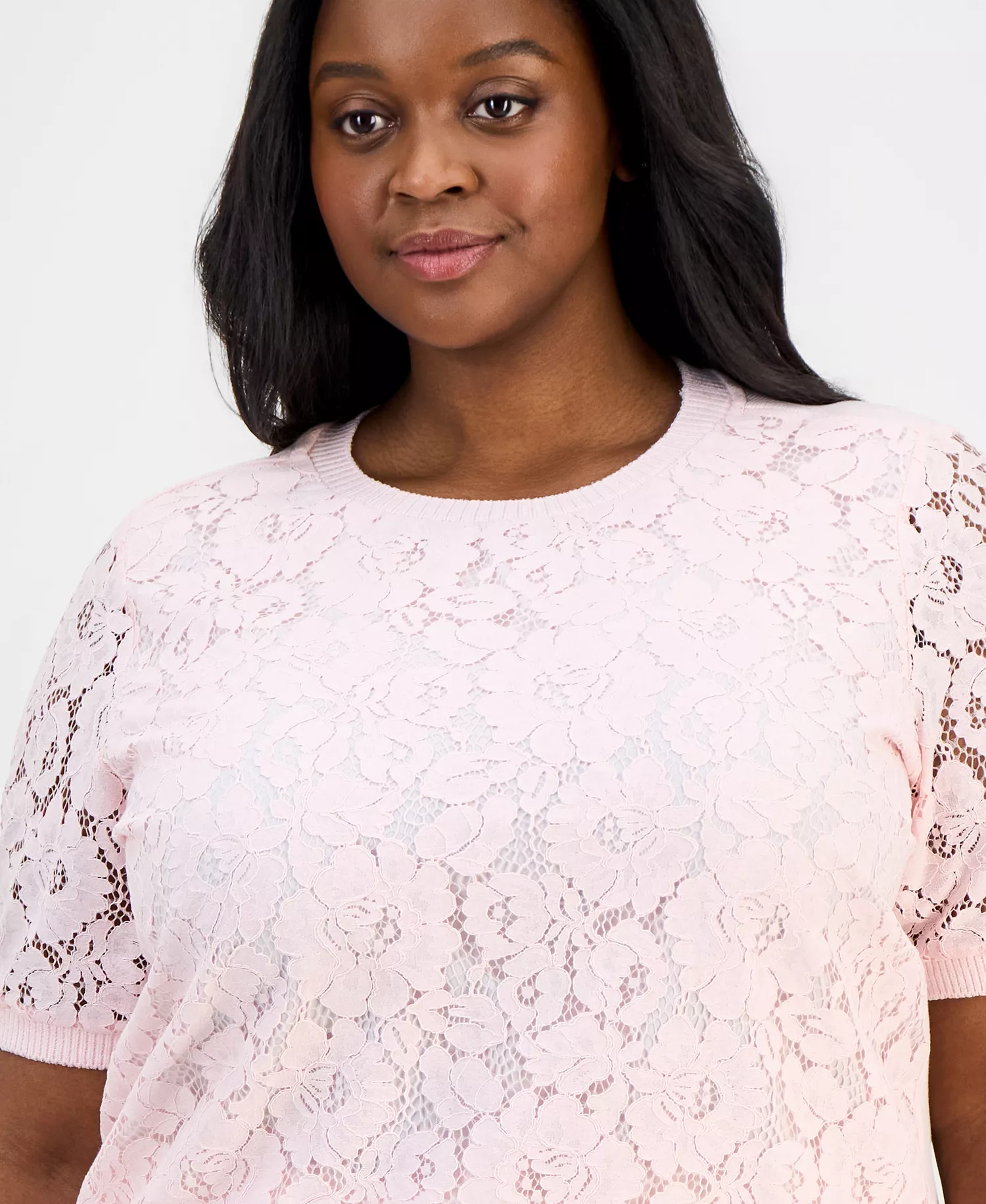 Plus Size Lace-Front Short-Sleeve Sweater - Tea Rose - 1X