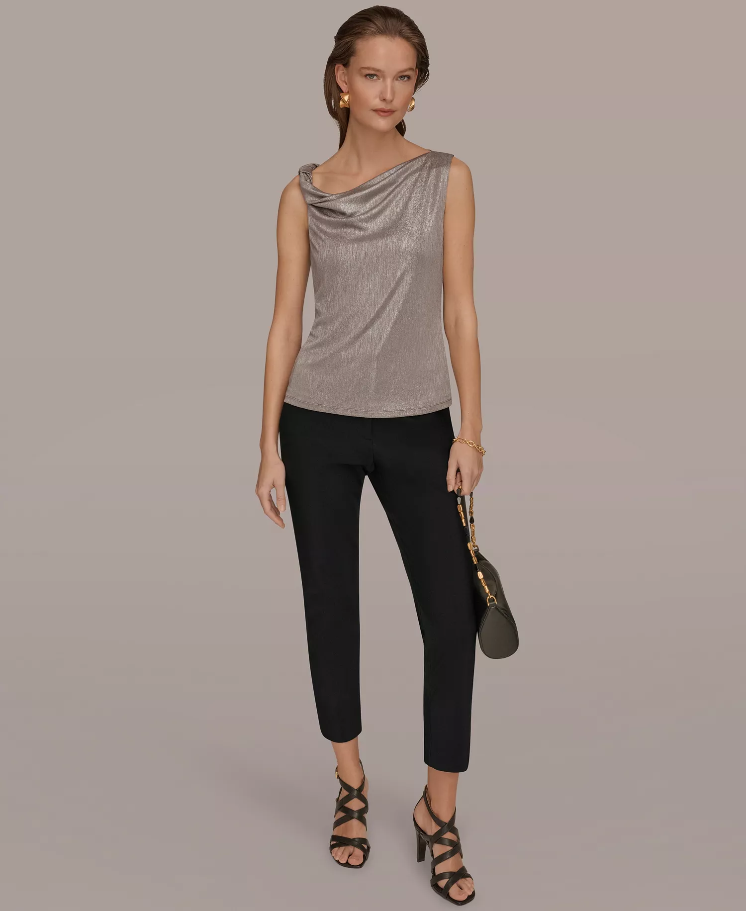 Women’s Foil Asymmetric Neck Top - Tuscan Grey/Silver Foil - L