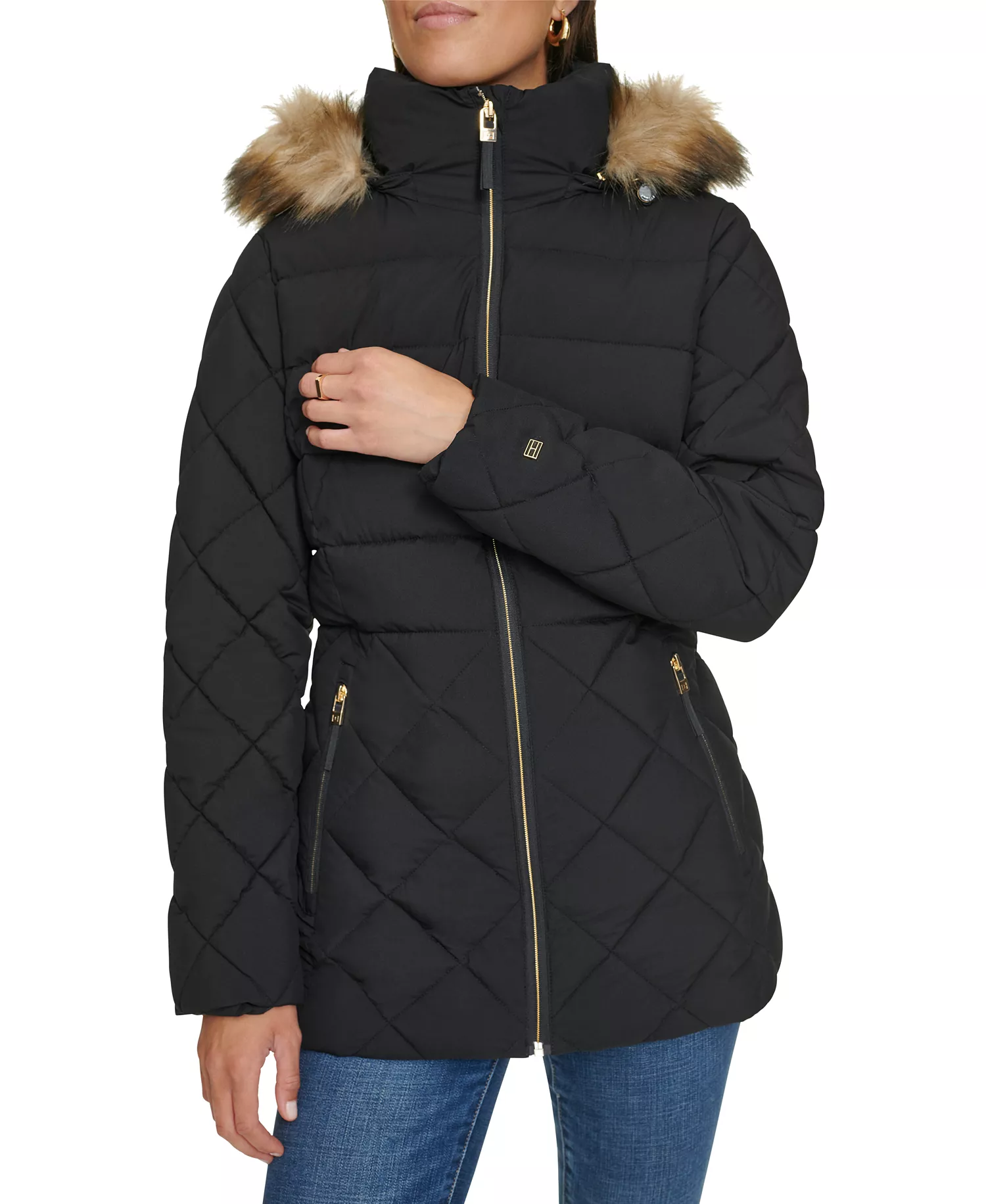 Women's Bibbed Faux-Fur-Trim Hooded Puffer Coat, Created for Macy's - Black - L