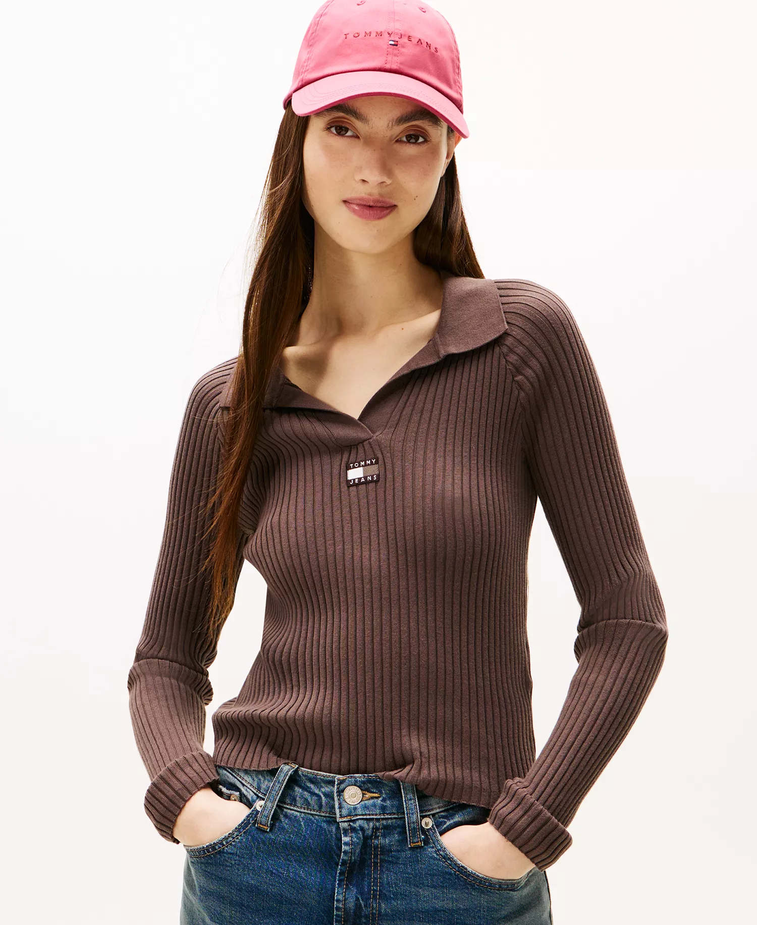 Women's Long-Sleeve Ribbed Collar Polo Top - Black Walnut - L