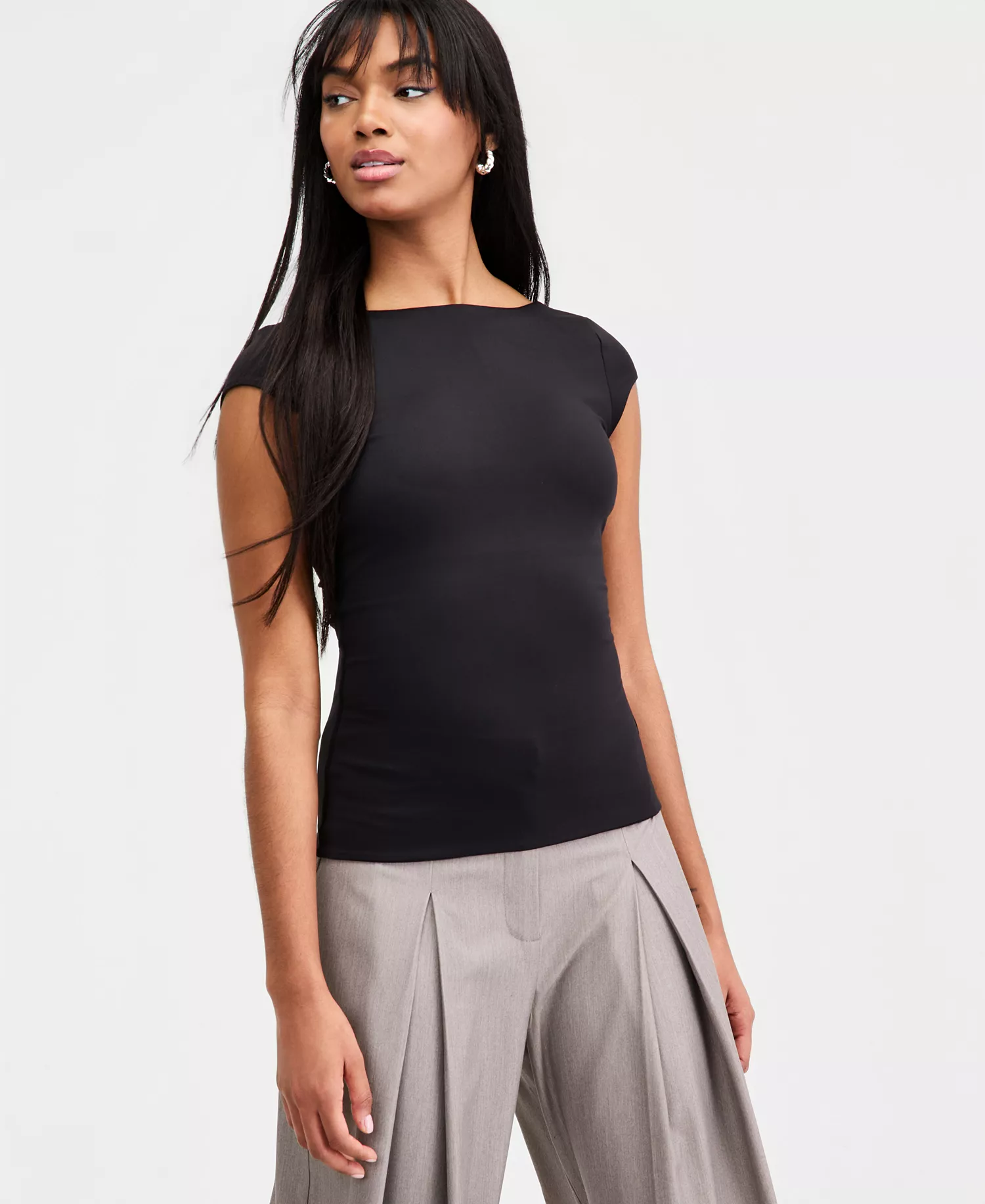 Women's Shelf-Bra Cap-Sleeve Top, Macy's Exclusive - Black - L