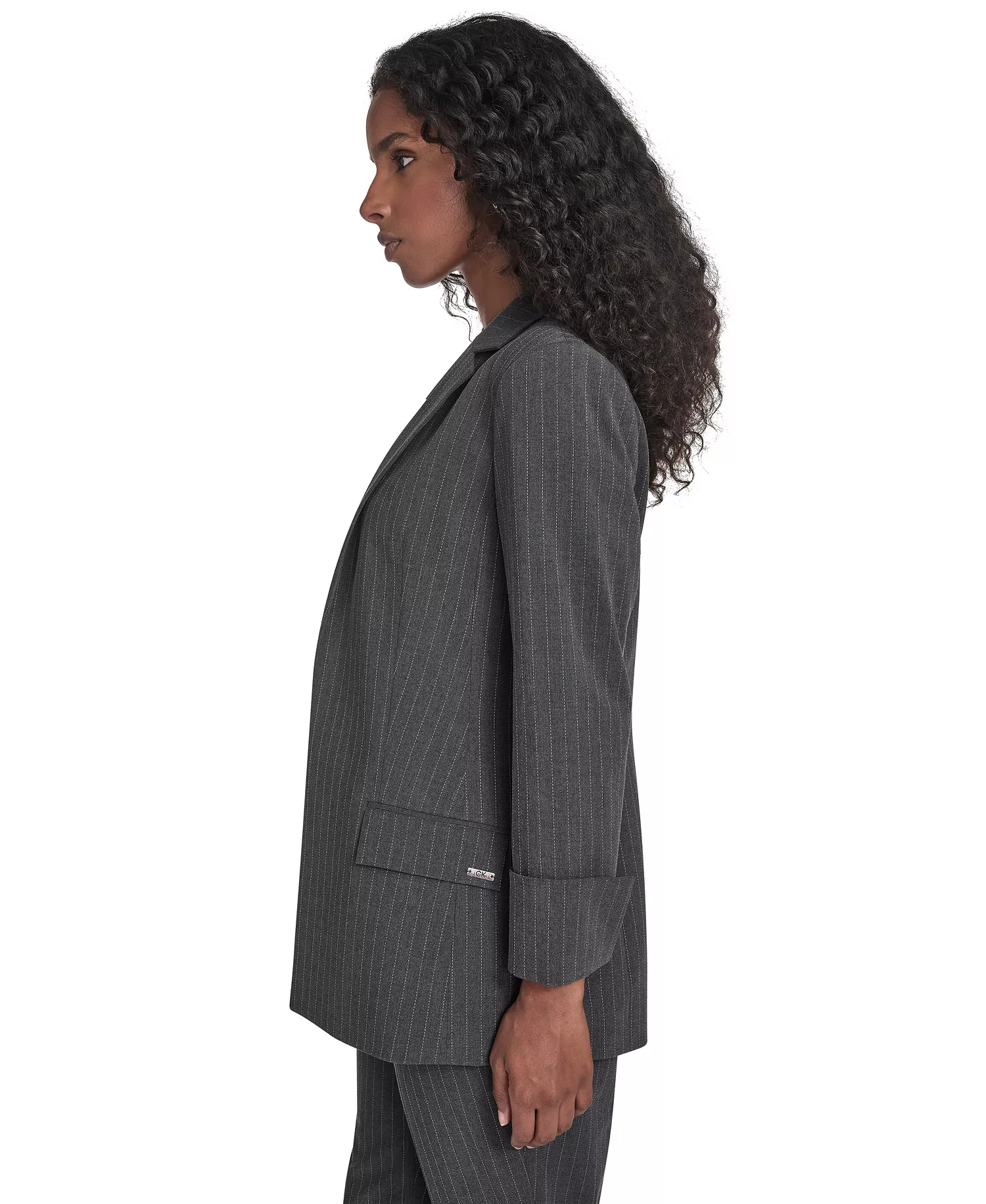 Petite Pinstripe Pattern Rollback Cuff Open Front Jacket - Heather Charcoal Multi - 2P