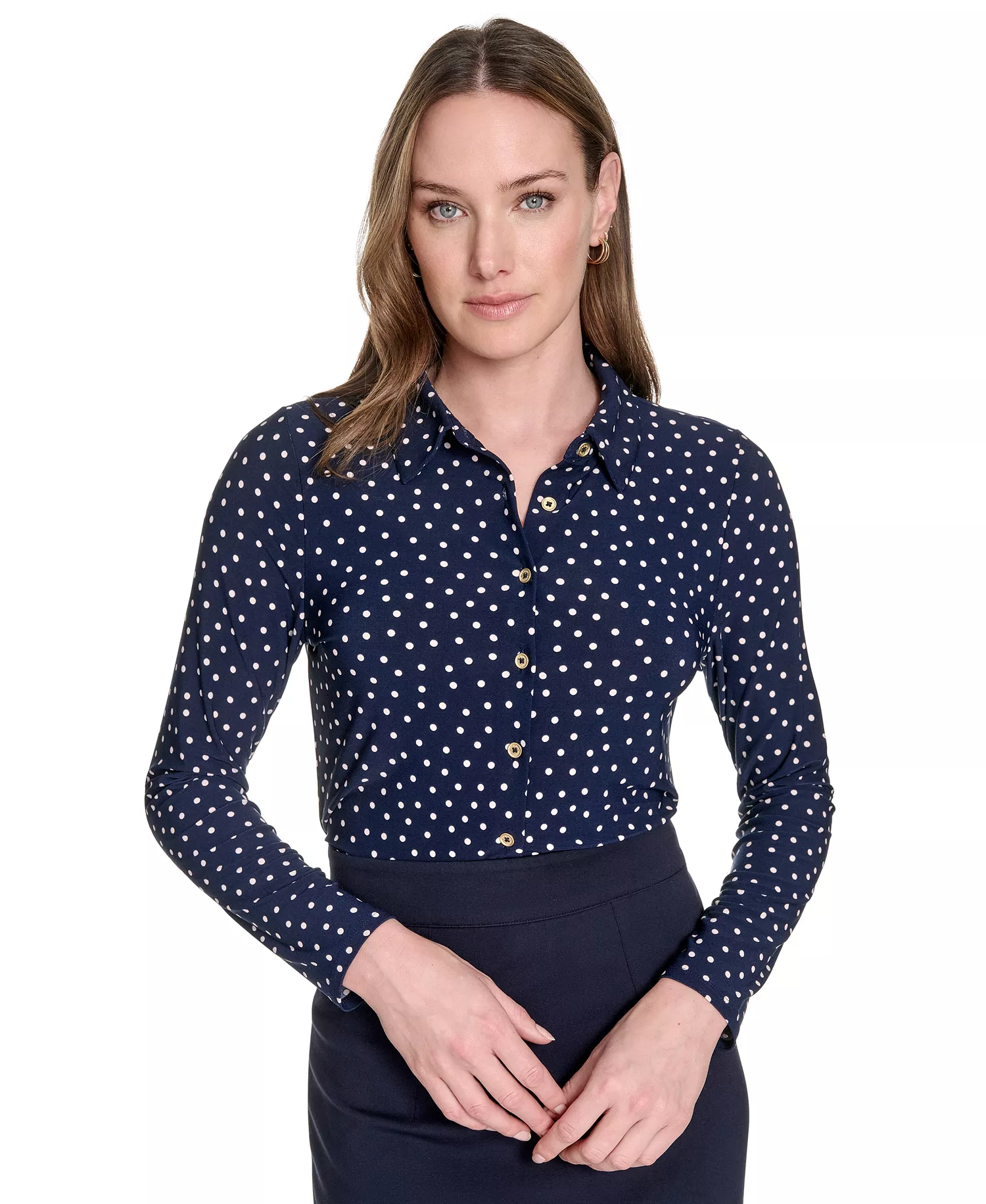 Women's Dot-Print Long-Sleeve Knit Blouse - Midnight/ Powder - L