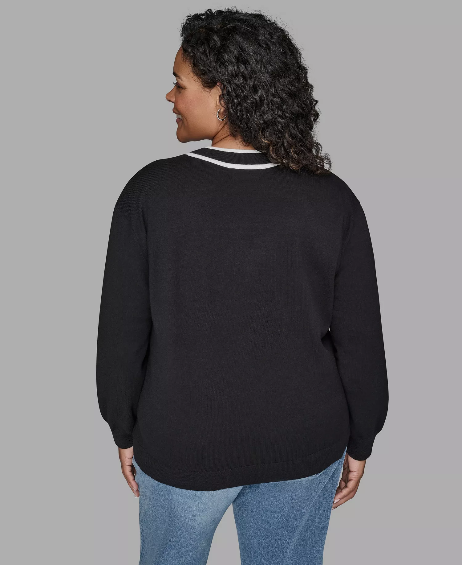 Women's Plus Size V-Neck Side Logo Sweater - Black - 0X
