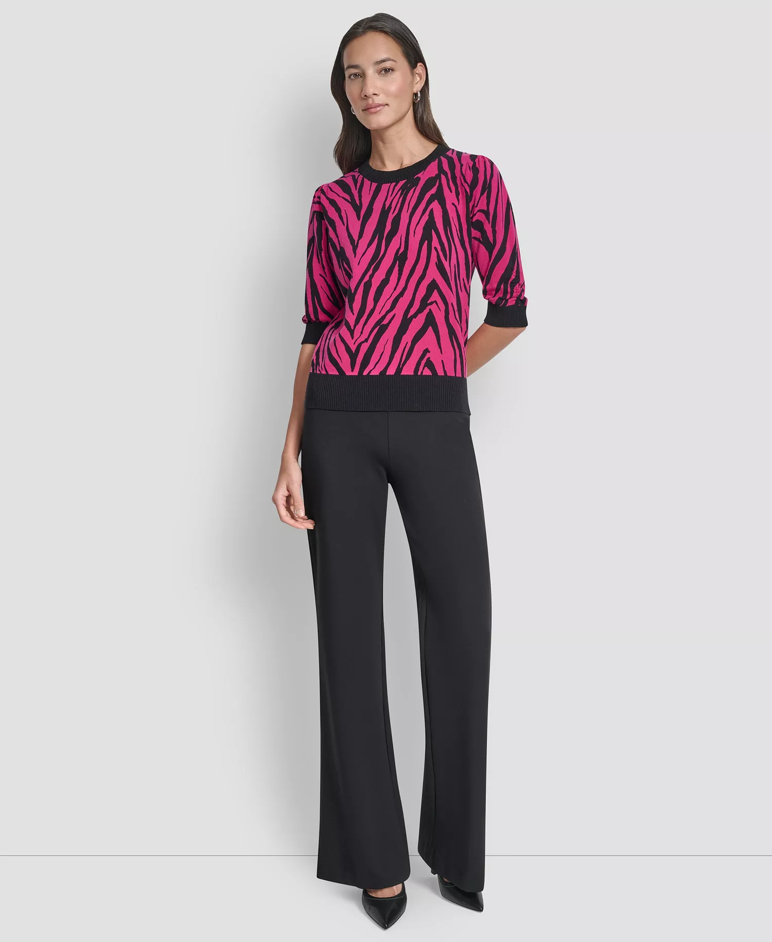 Women's Zebra Print Crew Neck Sweater - Fuchsia/black - L