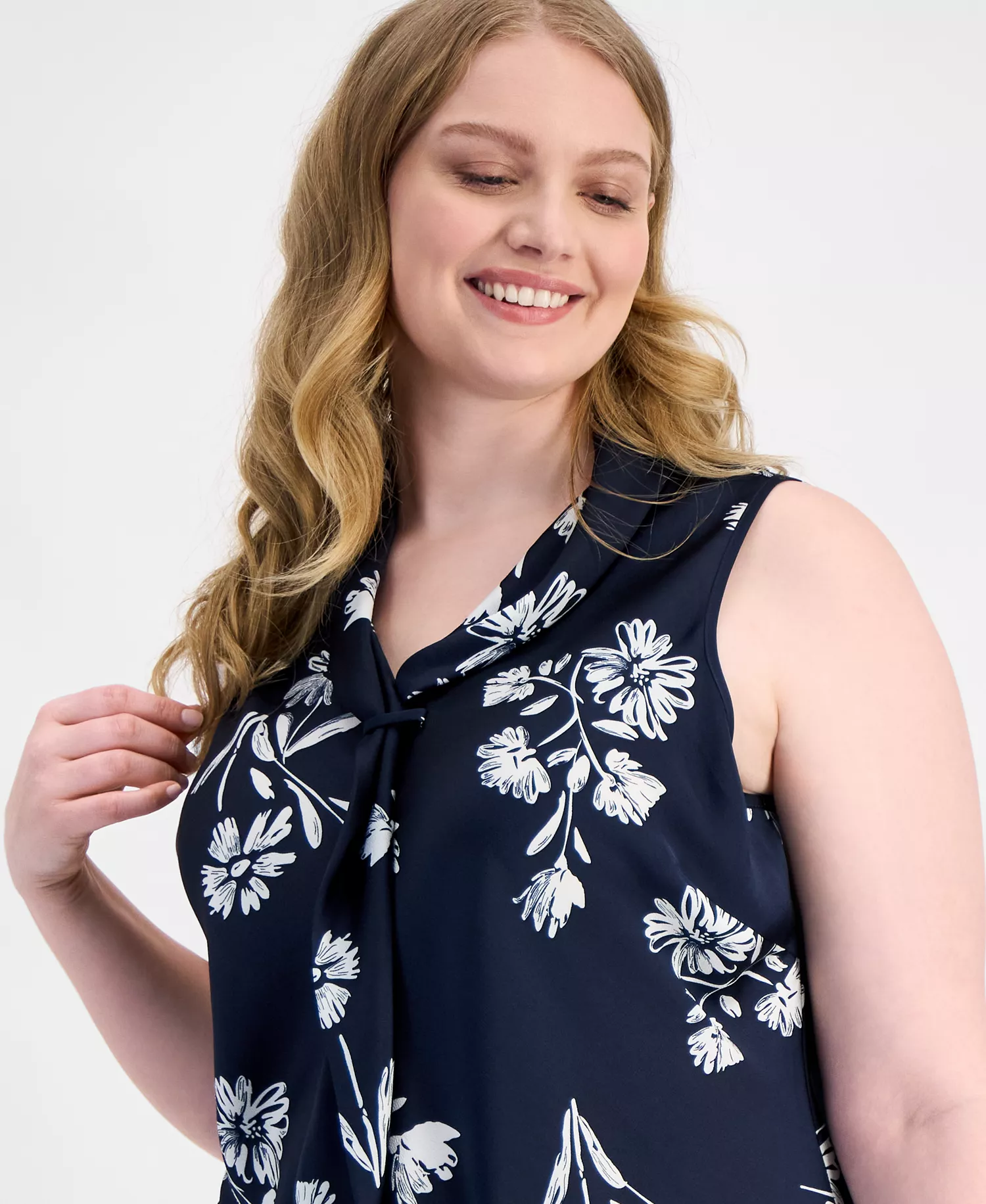 Plus Size Sailor Tie-Neck Sleeveless Blouse - Navy Ivory - 1X