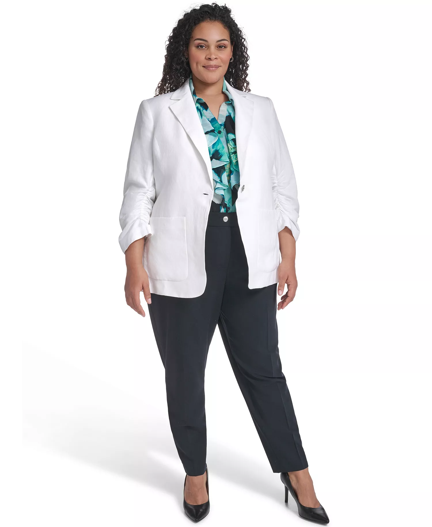 Plus Size Notch Collared Jacket - White - 14W