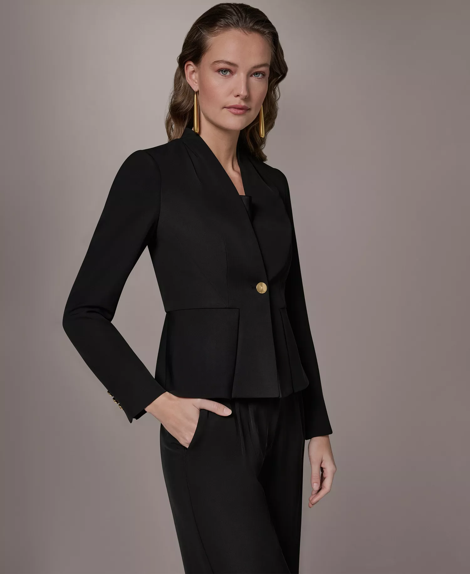 Petite Collarless One Button Jacket - Black - 0P