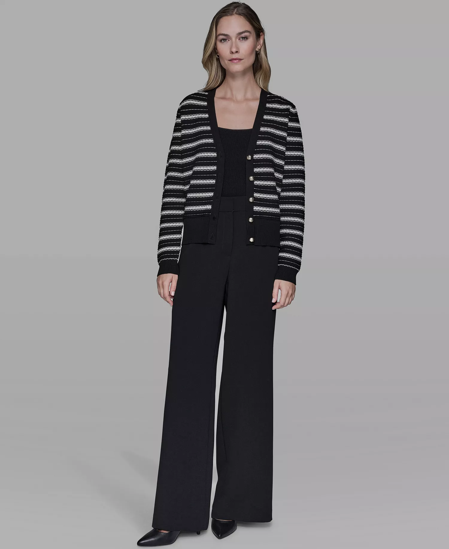 Women's Pointelle Stripe V-Neck Cardigan Sweater - Black/Bisque - L