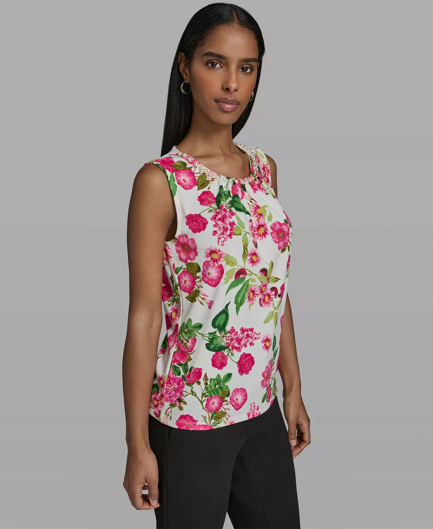 Women's Crewneck Woven Top - Soft White Multi - L