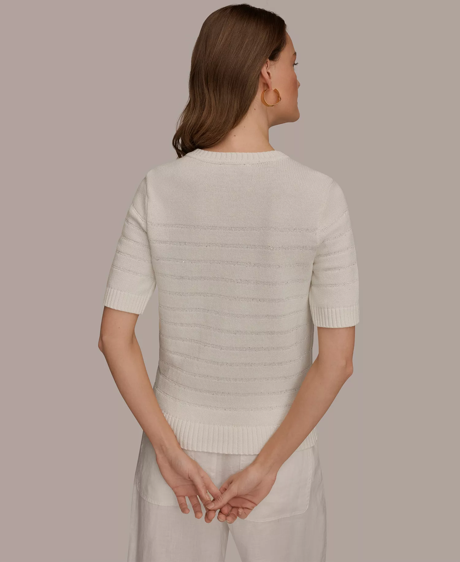 Women's Elbow-Sleeve Crew Neck Striped Sequin Sweater - Cream - L