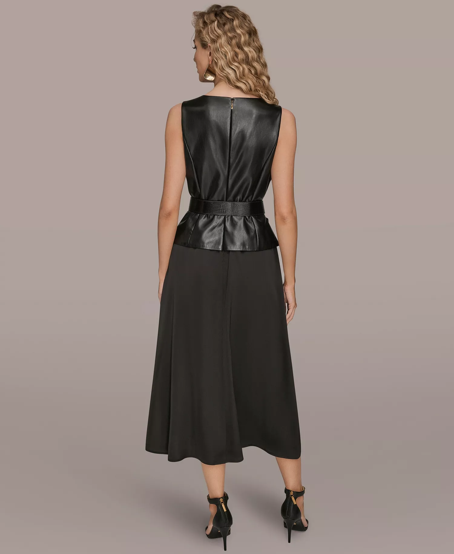 Women's Sleeveless Mixed Media Belted Midi Dress - Black - 10