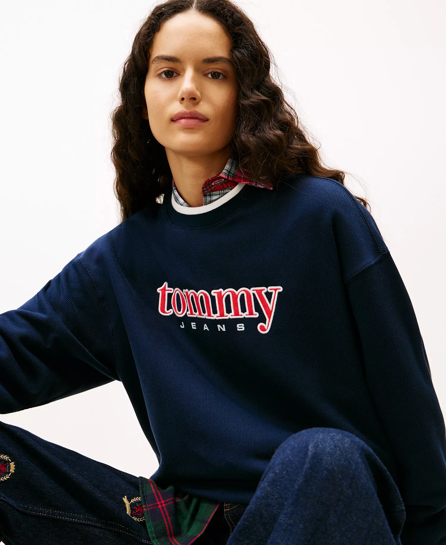 Women's Boxy Tommy Applique Crewneck Sweatshirt - Dark Night Navy - L