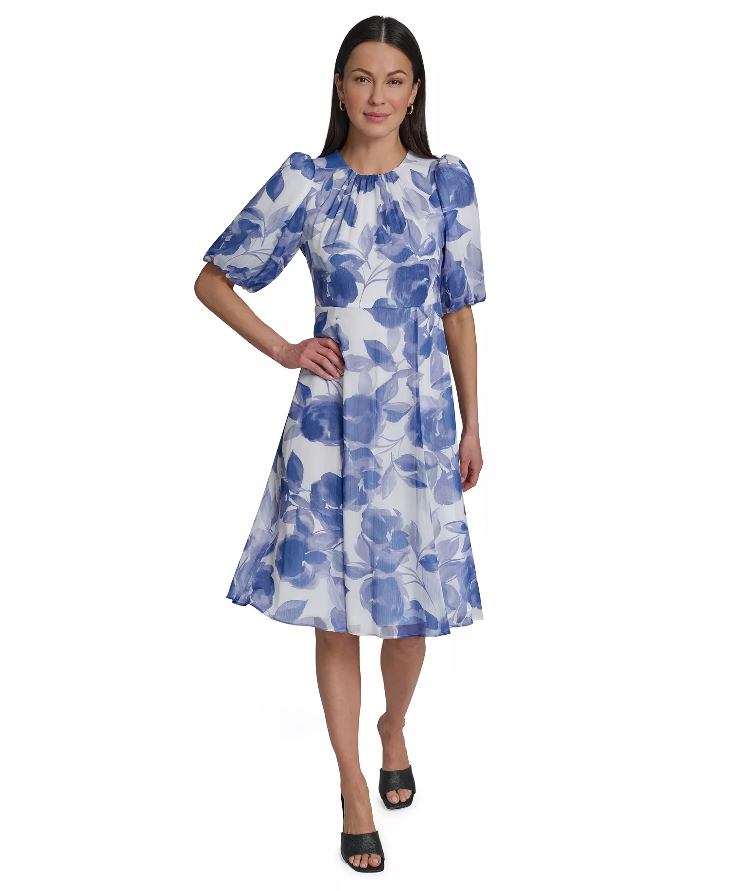 Women's Floral Puff-Sleeve Crewneck Midi Dress - SPRING MIST MULTI - 10