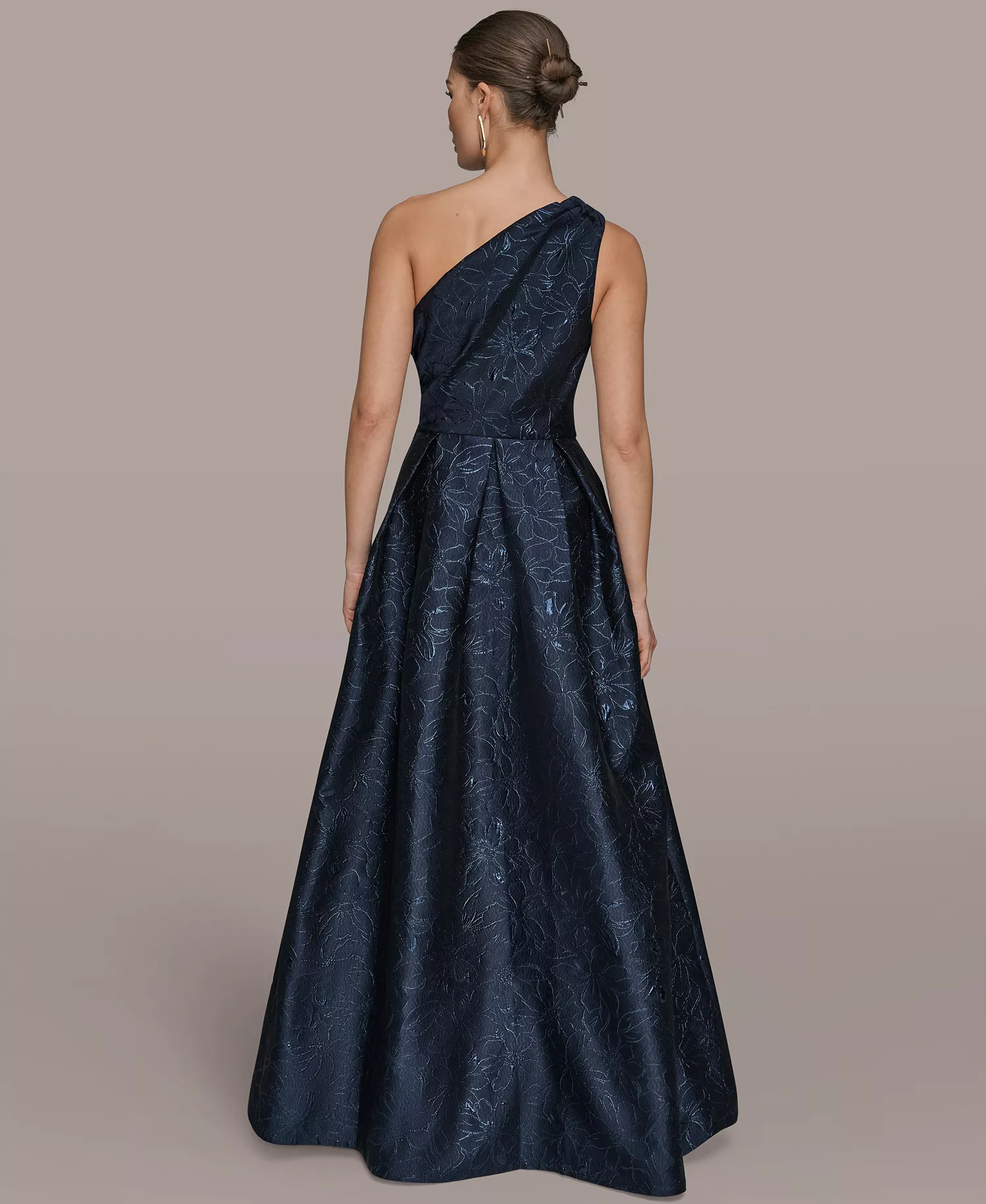 Women's One-Shoulder Metallic Jacquard A-Line Gown - Nightfall - 10