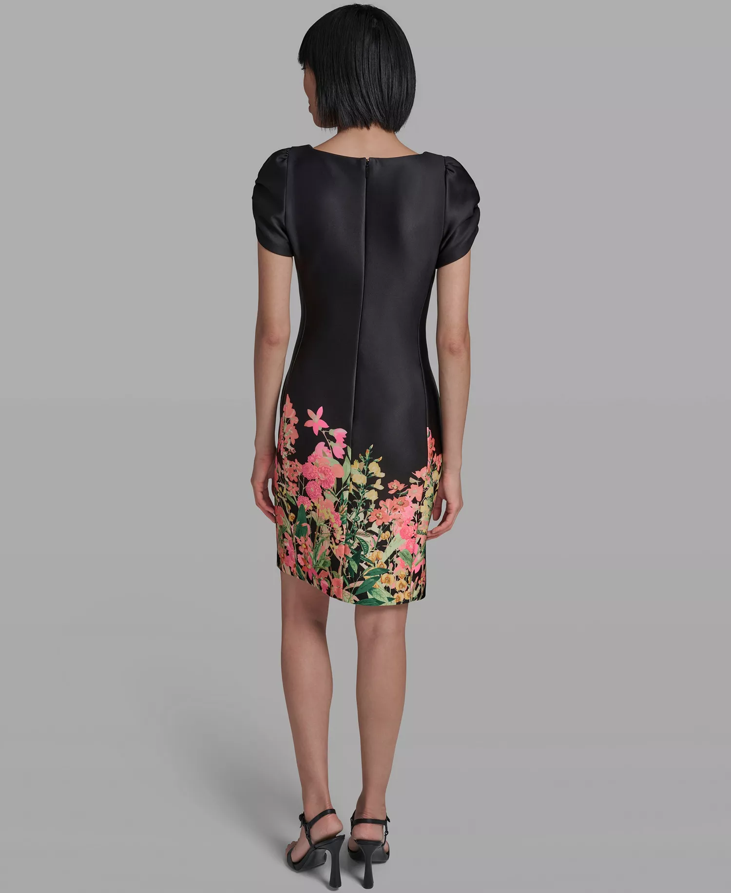 Women's Short-Sleeve Floral Border Hem Sheath Dress - Black Multi - 0