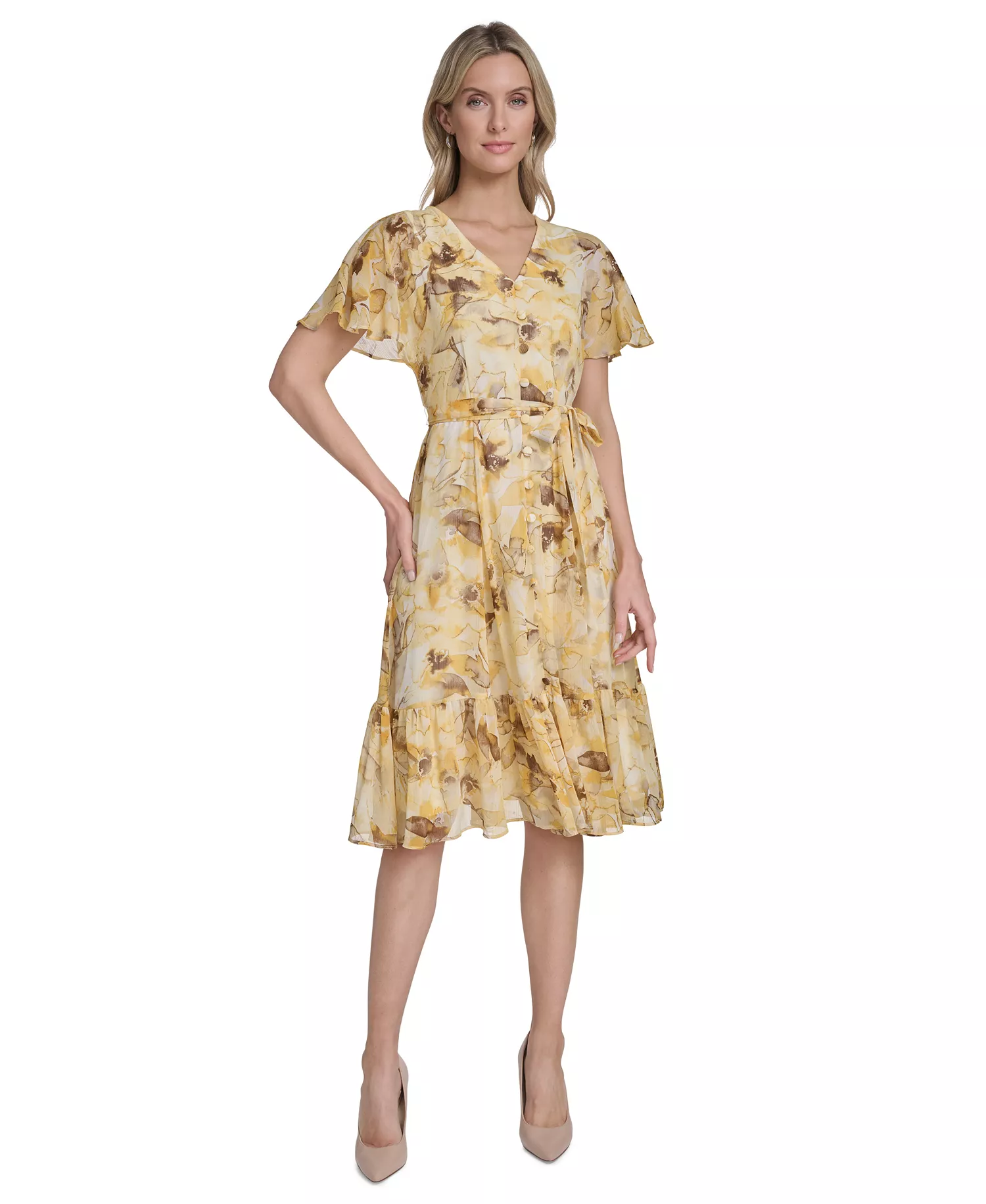 Women's Flutter-Sleeve Floral Print Midi Dress - Dijon Multi - 10