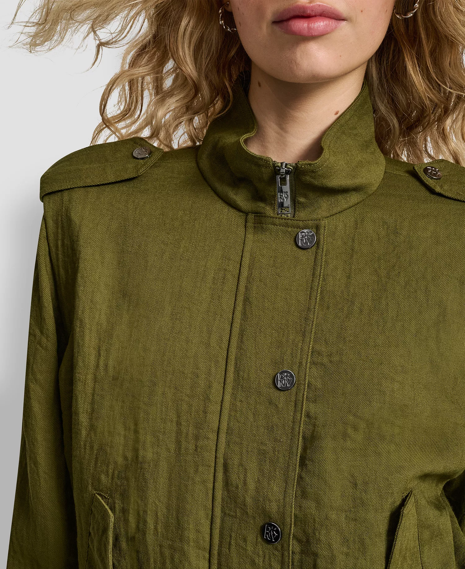 Women's Collared Button-Front Heavy Twill Bomber Jacket - Dark Olive - XS