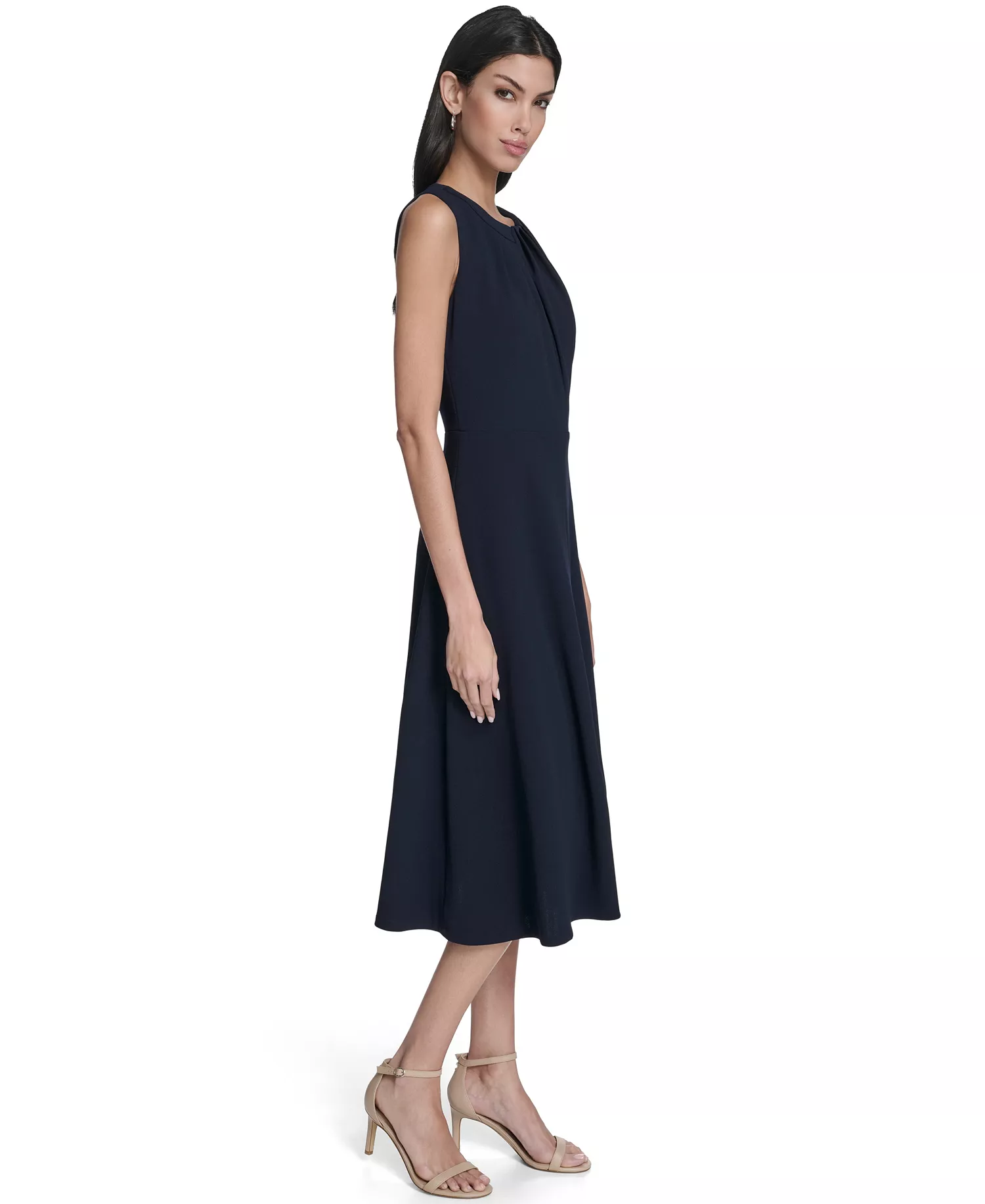 Women's Pleat Detail Crew Neck Midi Dress - Indigo - 10