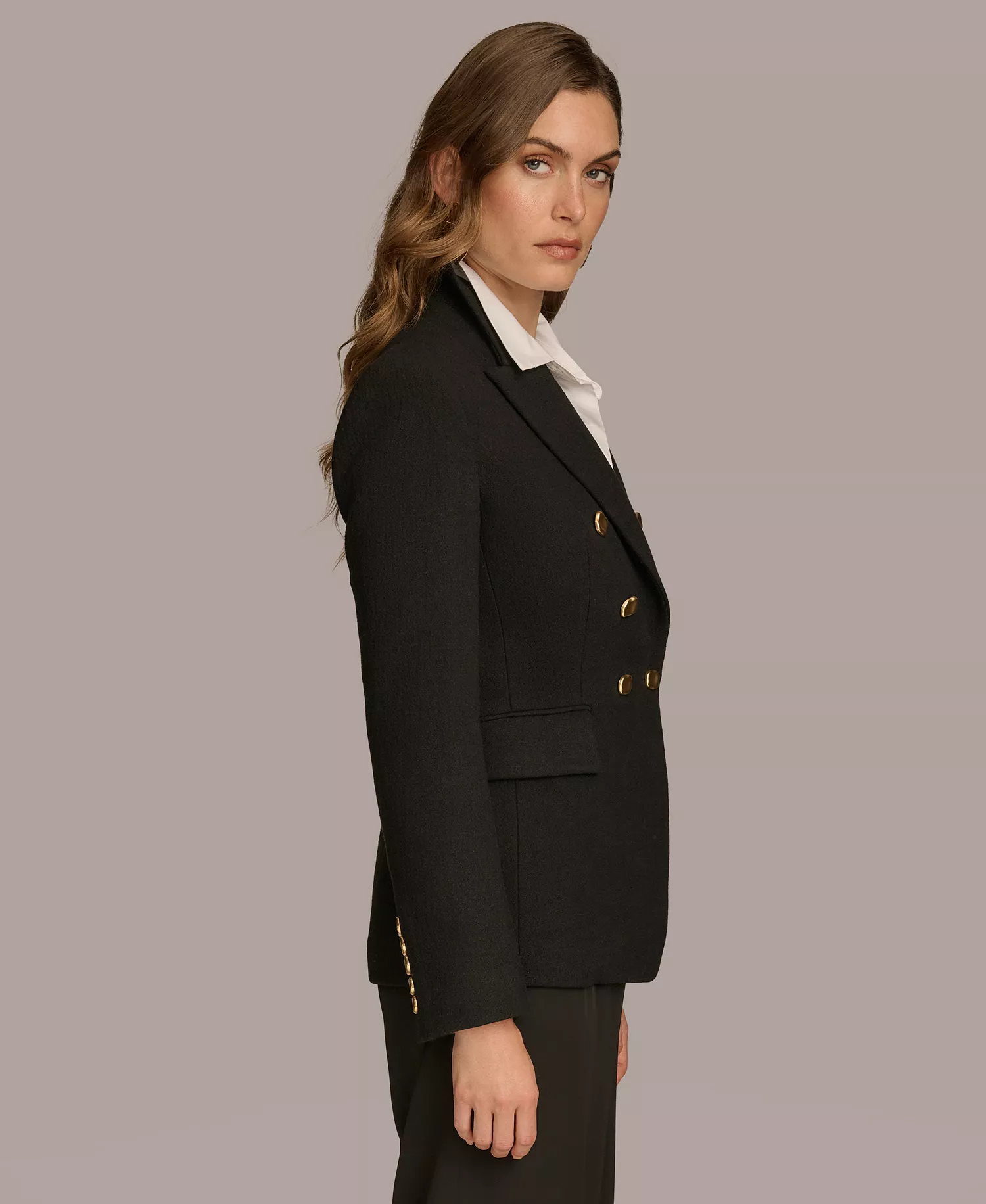 Women's Double Breasted Buttoned Blazer - Black - L