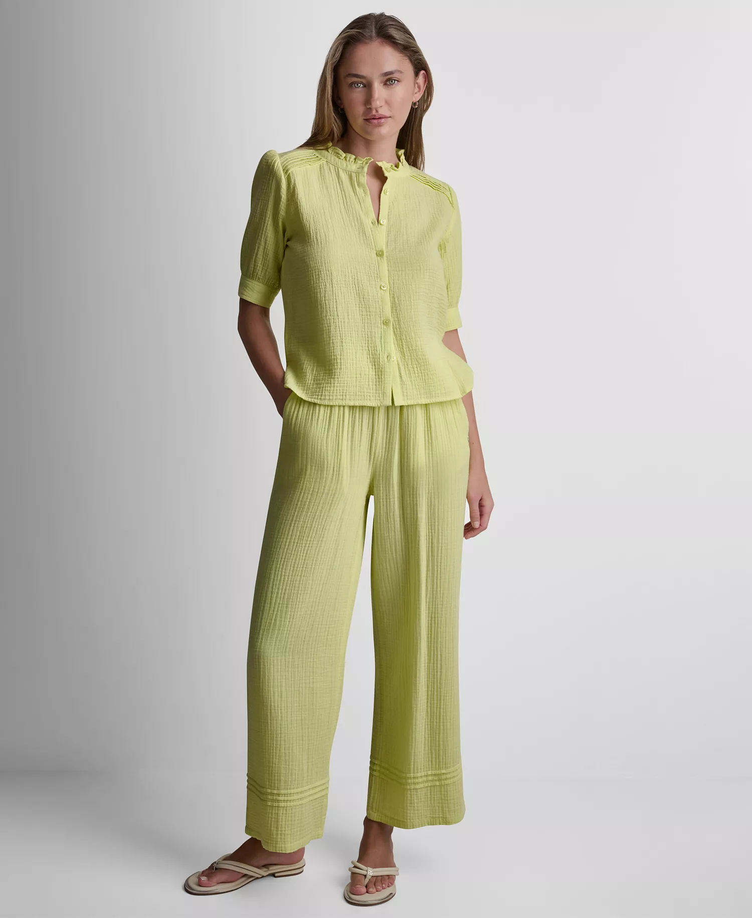 Petite Short Puff-Sleeve Button-Front Shirt - Lemon Light - PL