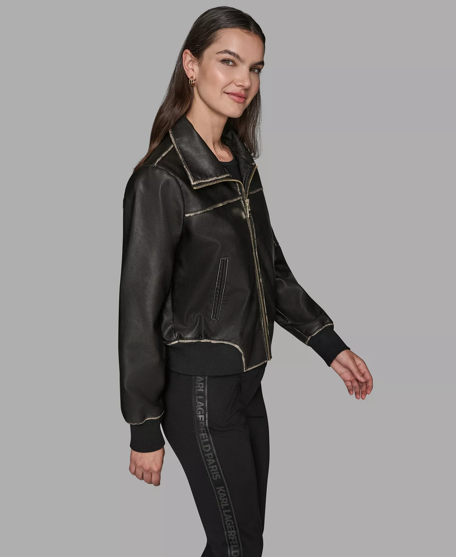 Petite Women's Knit-Trim Faux-Leather Jacket - Black - P/S