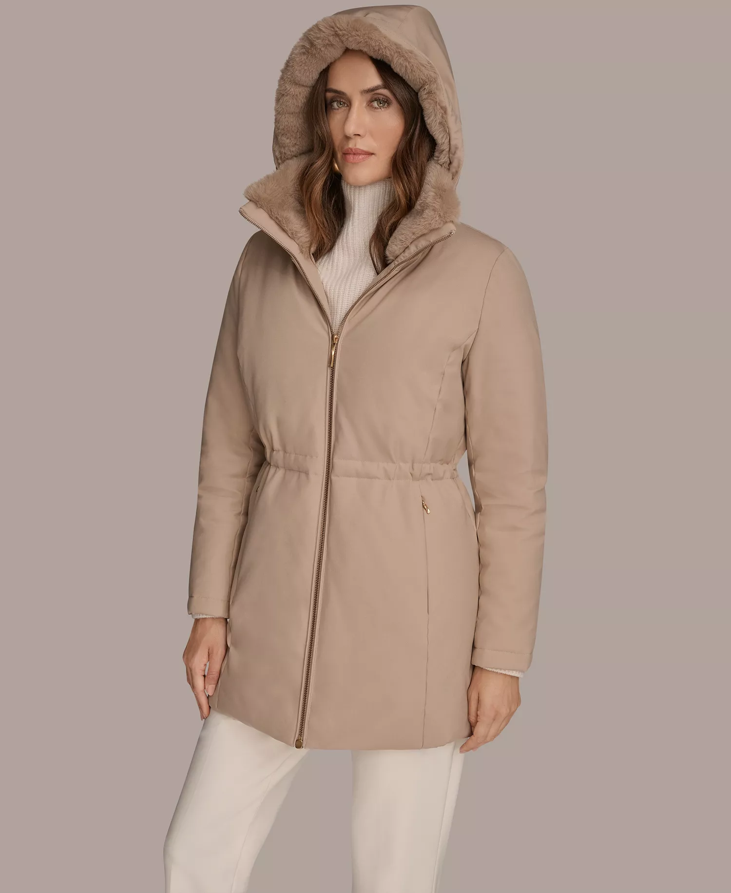 Women's Faux-Fur-Collar Short Puffer Coat - Barley - L