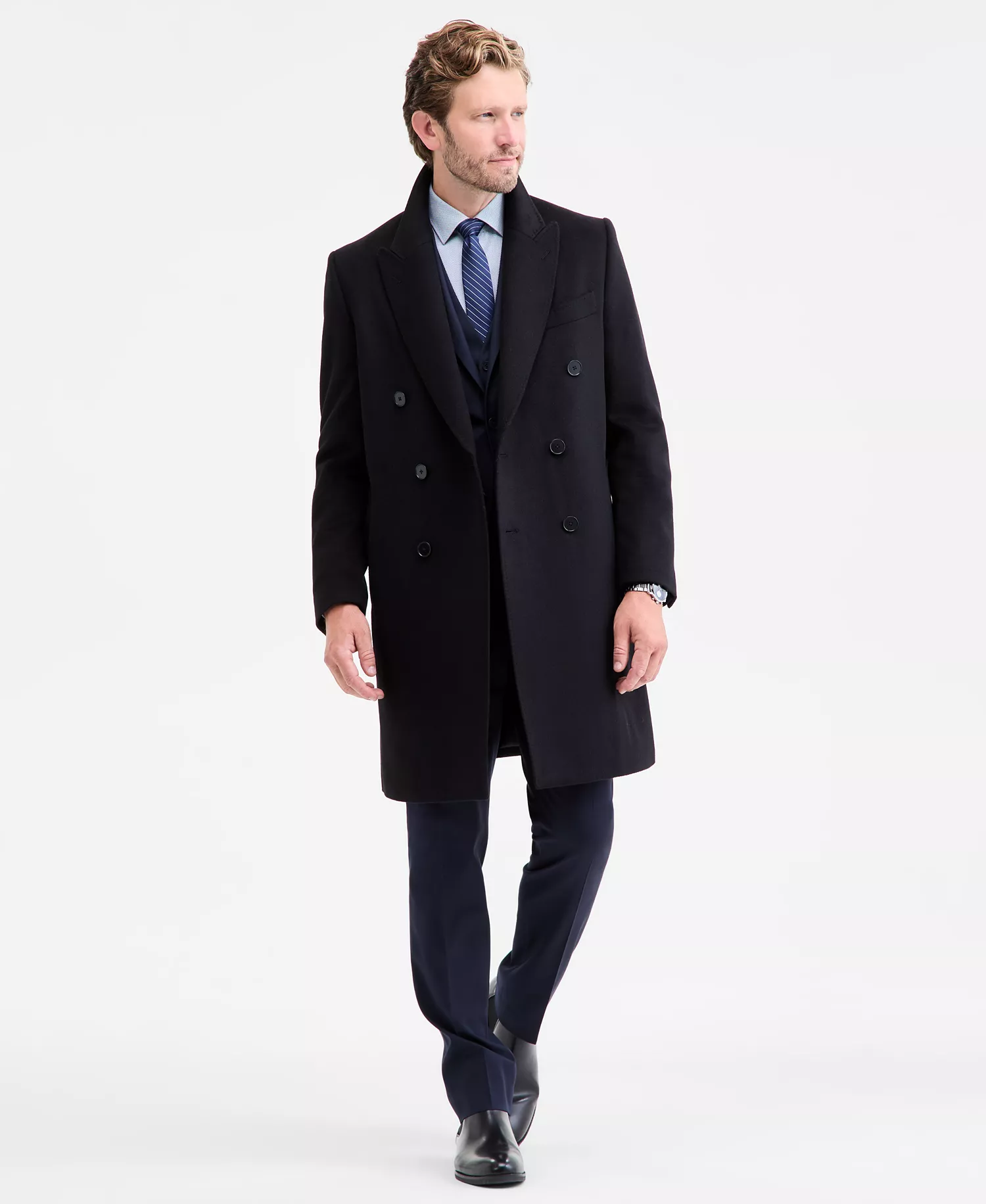Men's Classic-Fit Wool Blend Overcoat - Black - 36R