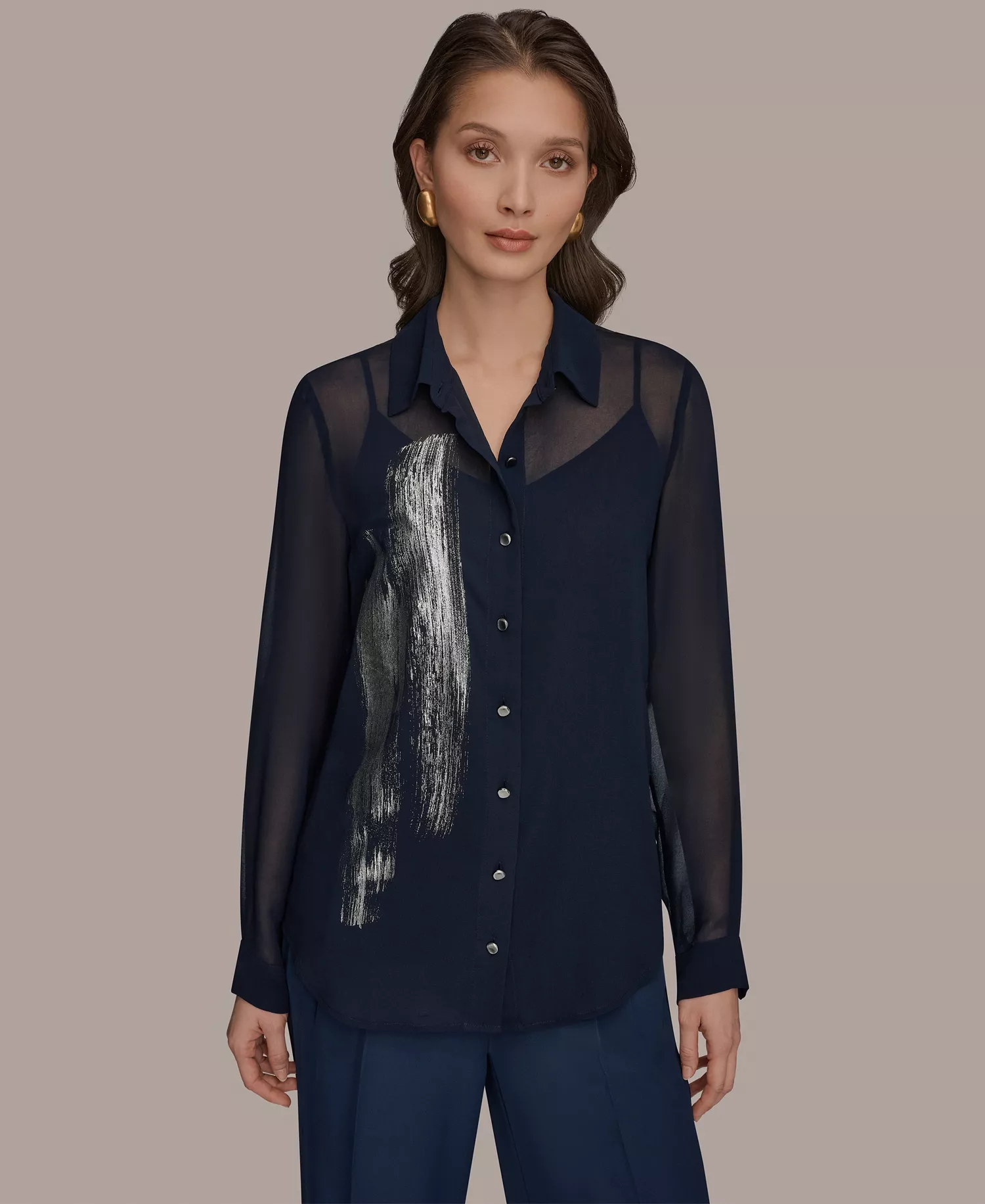 Women's Brush Stroke Button-Down Camisole Top, Regular & Petite - Nightfall/Gunmetal - L