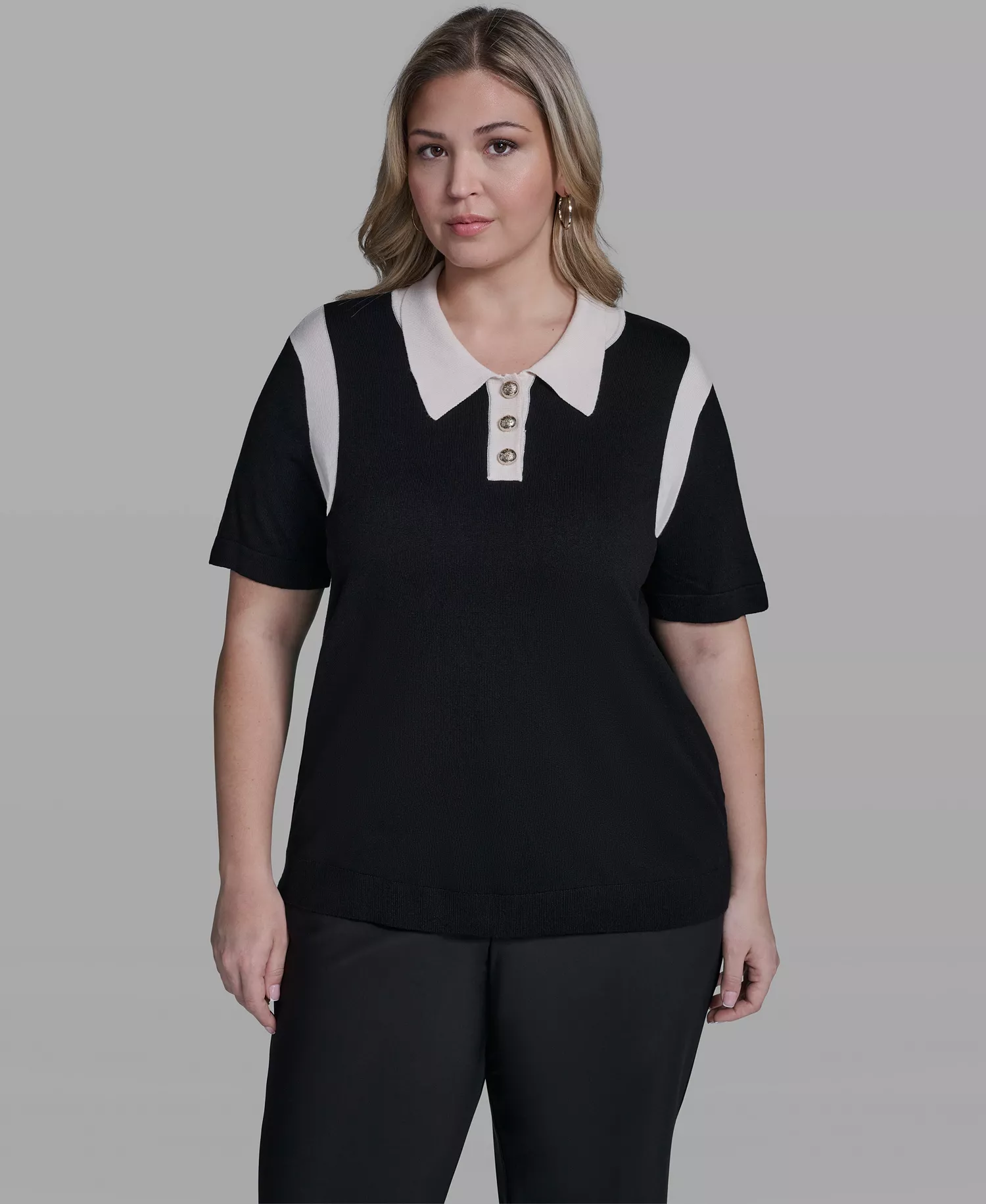 Plus Size Solid Short-Sleeve Polo Sweater - Black/Bisque - 0X