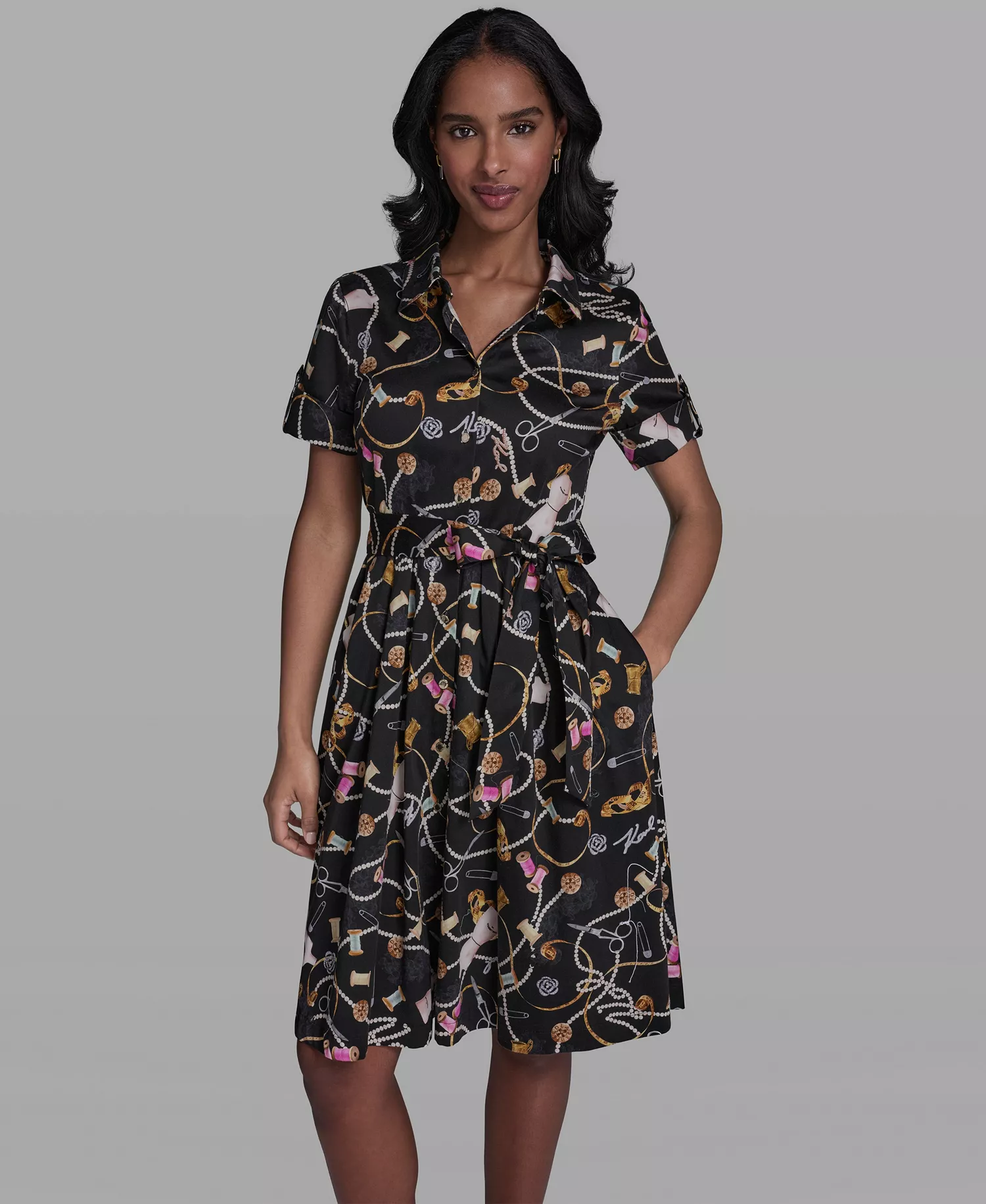 Women's Printed Short-Sleeve Tie-Waist Collared Shirt Dress - Black Multi - 0