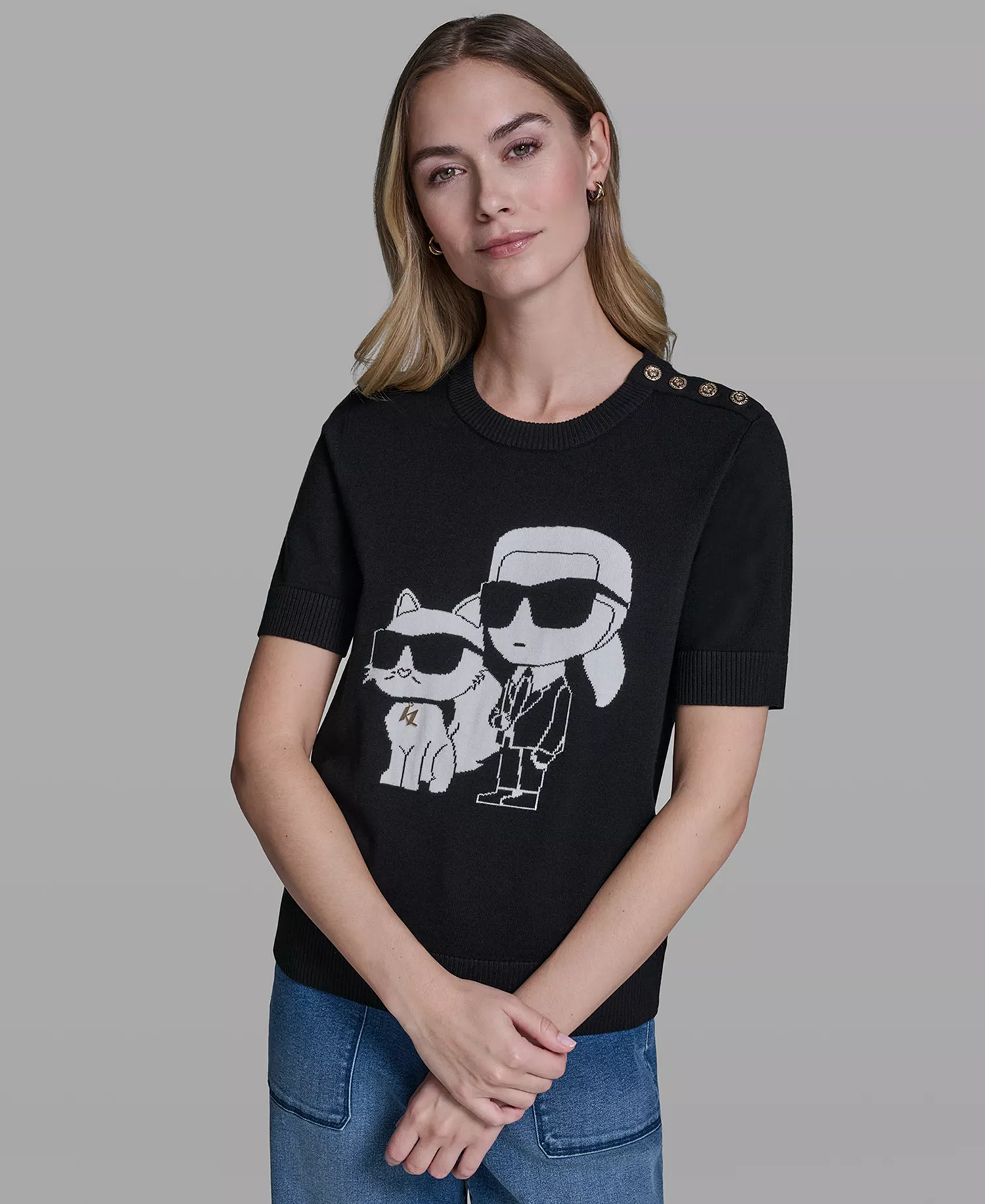 Petite Short-Sleeve Sweater - Black/Soft White - P/L