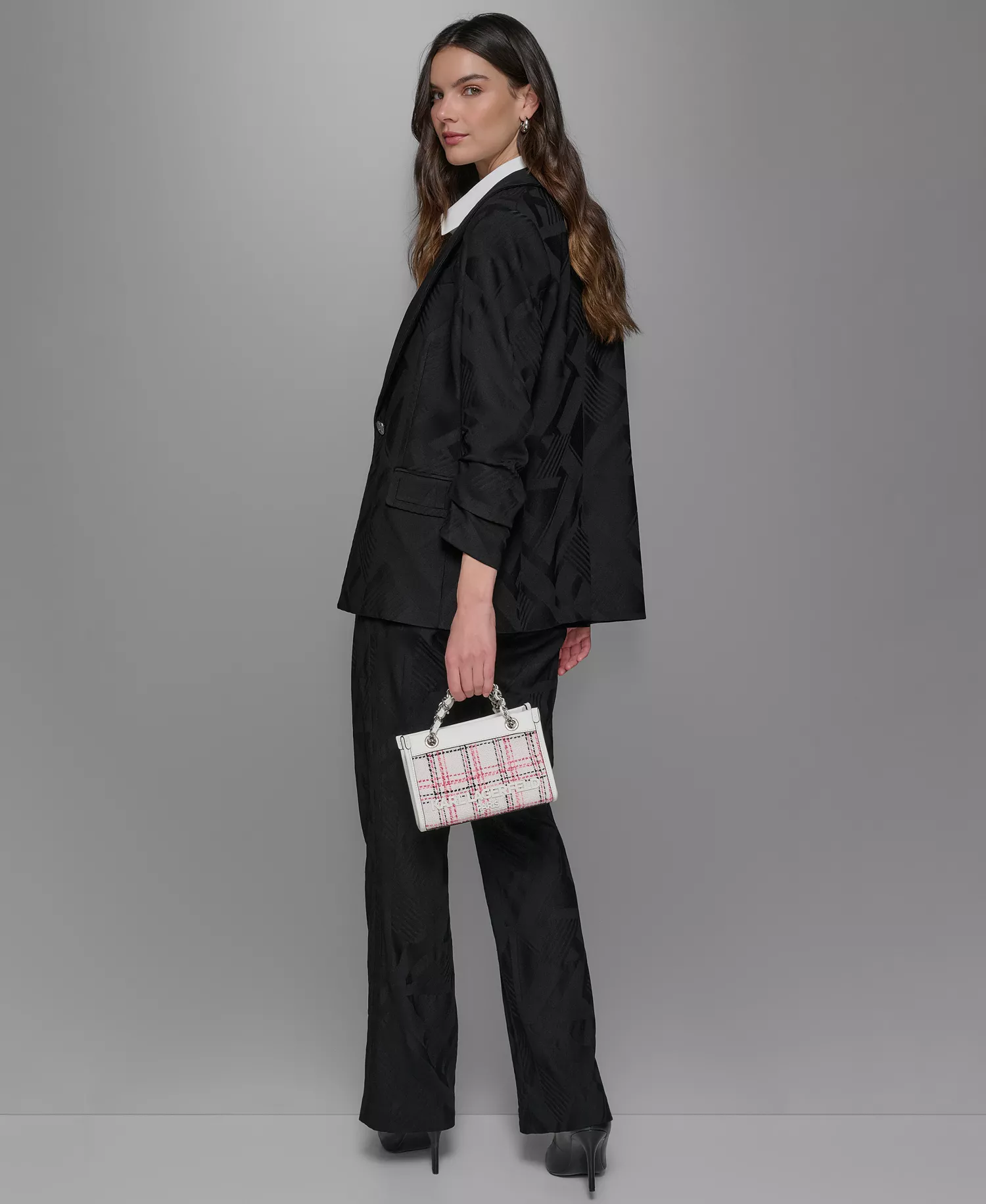 Jacquard Shawl-Collar Blazer, Tie-Neck Blouse & Jacquard Wide-Leg Pants - Black - 10